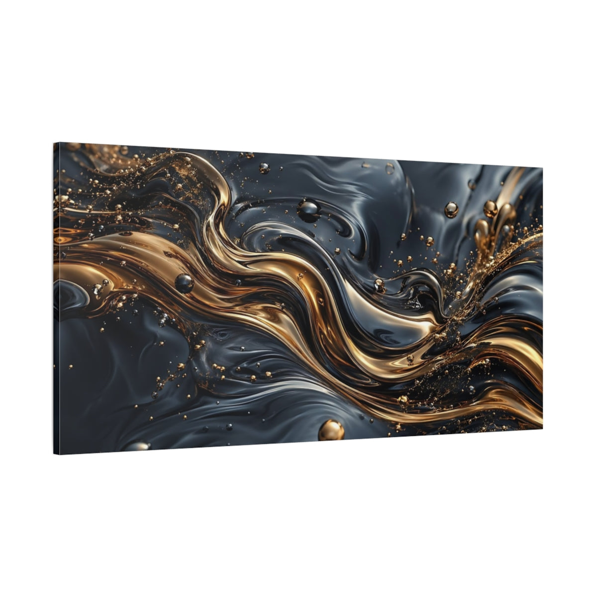 Side Mockup 2. Abstract Liquid Gold Black And Gold shown as stretched canvas wall art