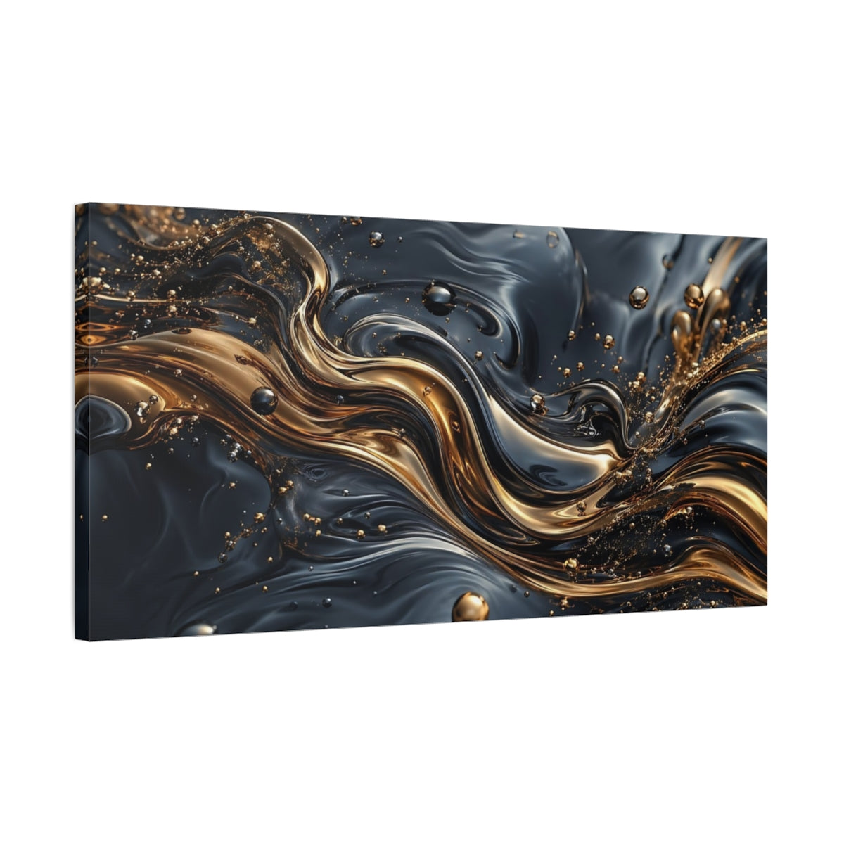 Side Mockup 1. Abstract Liquid Gold Black And Gold shown as stretched canvas wall art
