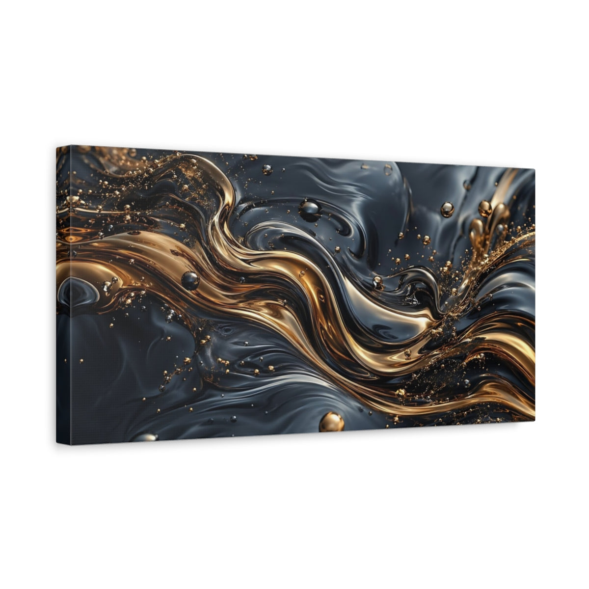 Side Mockup 3. Abstract Liquid Gold Black And Gold shown as stretched canvas wall art
