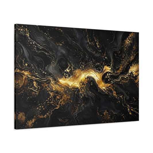Main Mockup. Abstract Liquid Gold Black And Gold shown as stretched canvas wall art