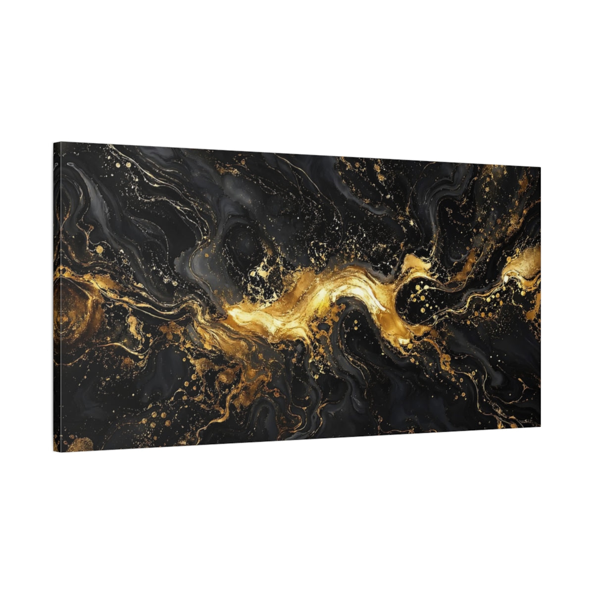 Main Mockup. Abstract Liquid Gold Black And Gold shown as stretched canvas wall art