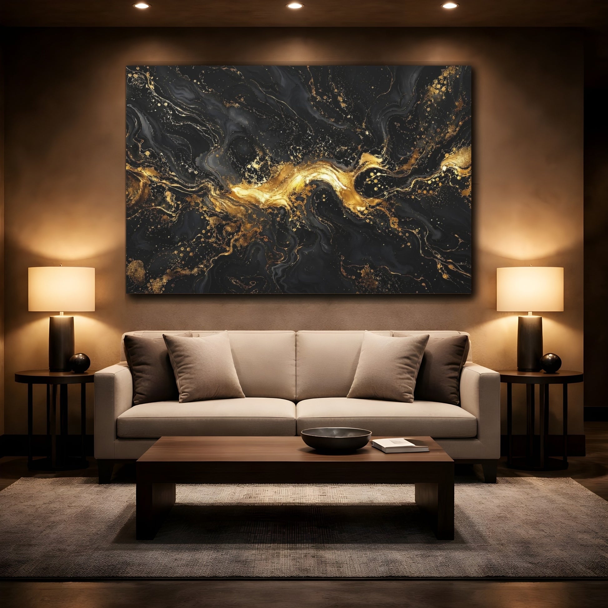 Mockup 2. Abstract Liquid Gold Black And Gold shown as stretched canvas wall art