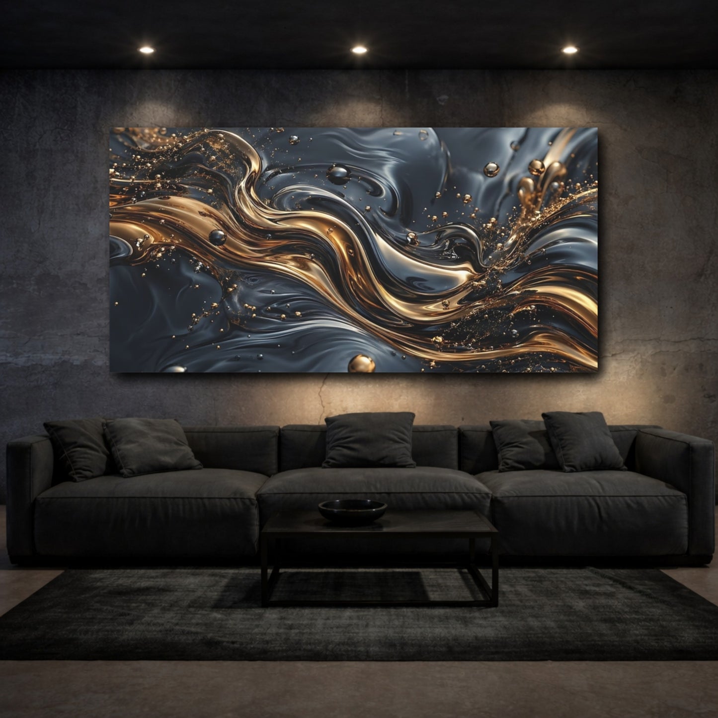 Mockup 2. Abstract Liquid Gold Black And Gold shown as stretched canvas wall art