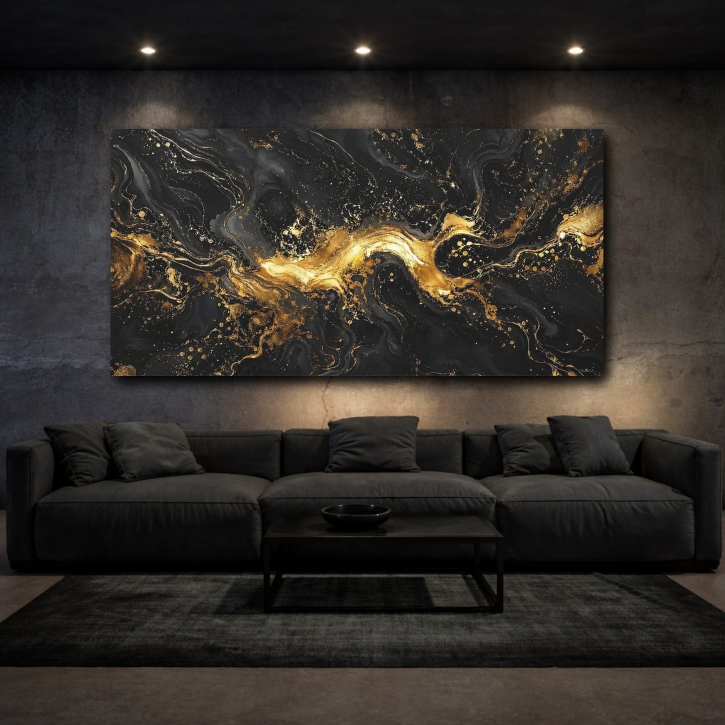 Mockup 2. Abstract Liquid Gold Black And Gold shown as stretched canvas wall art
