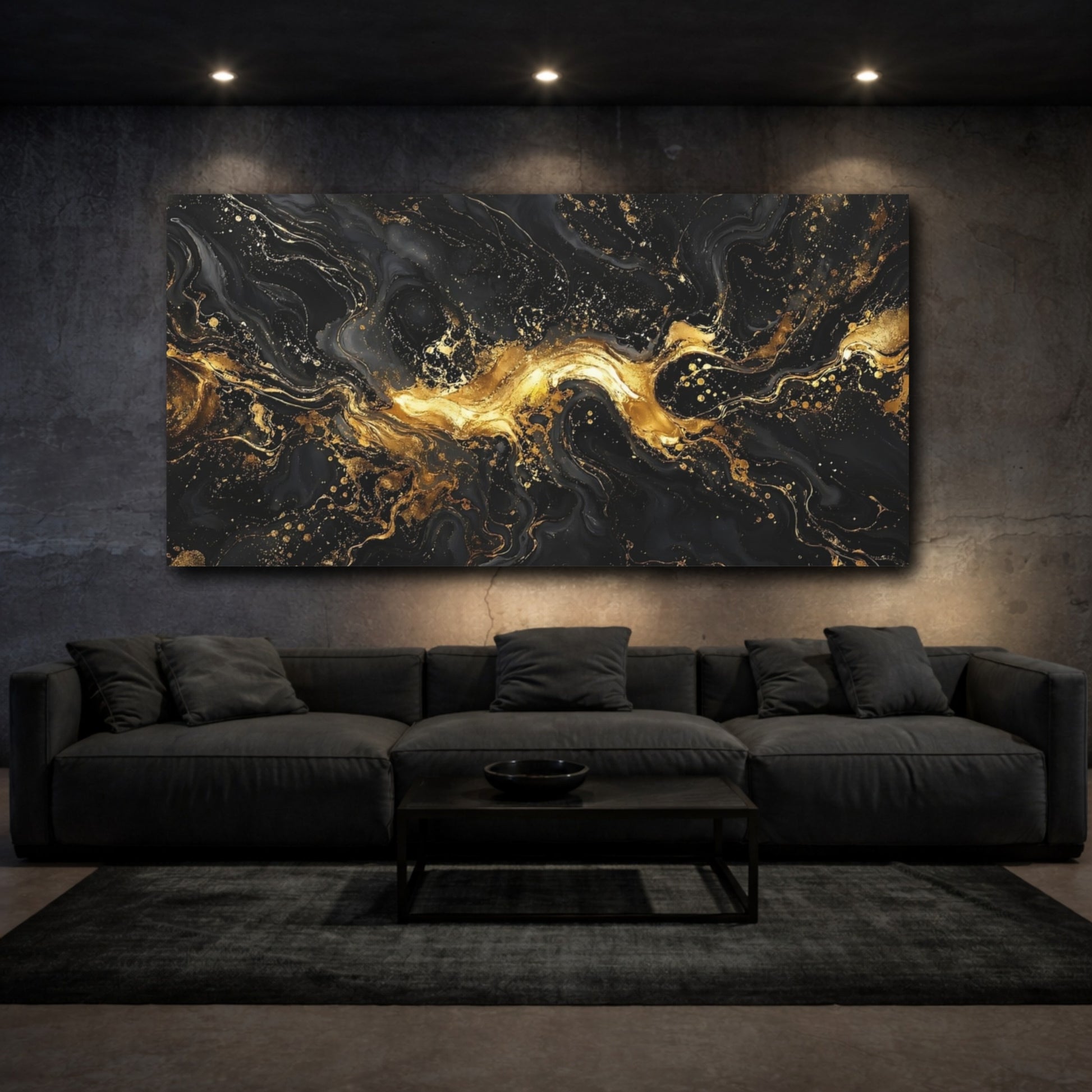 Mockup 2. Abstract Liquid Gold Black And Gold shown as stretched canvas wall art