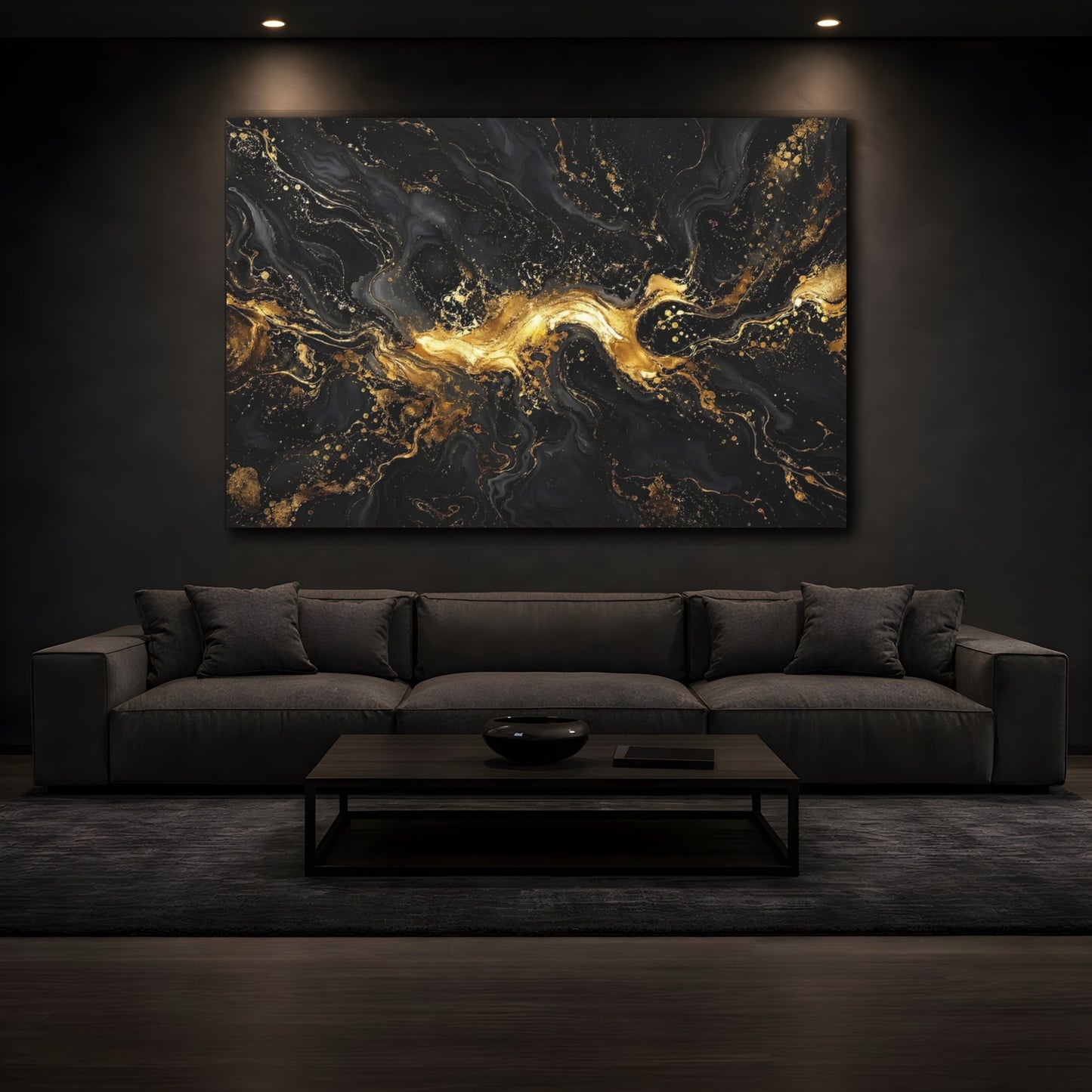 Mockup 3. Abstract Liquid Gold Black And Gold shown as stretched canvas wall art