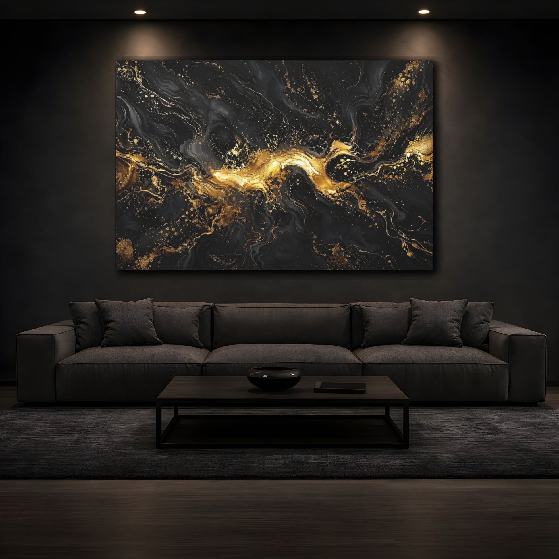 Mockup 3. Abstract Liquid Gold Black And Gold shown as stretched canvas wall art