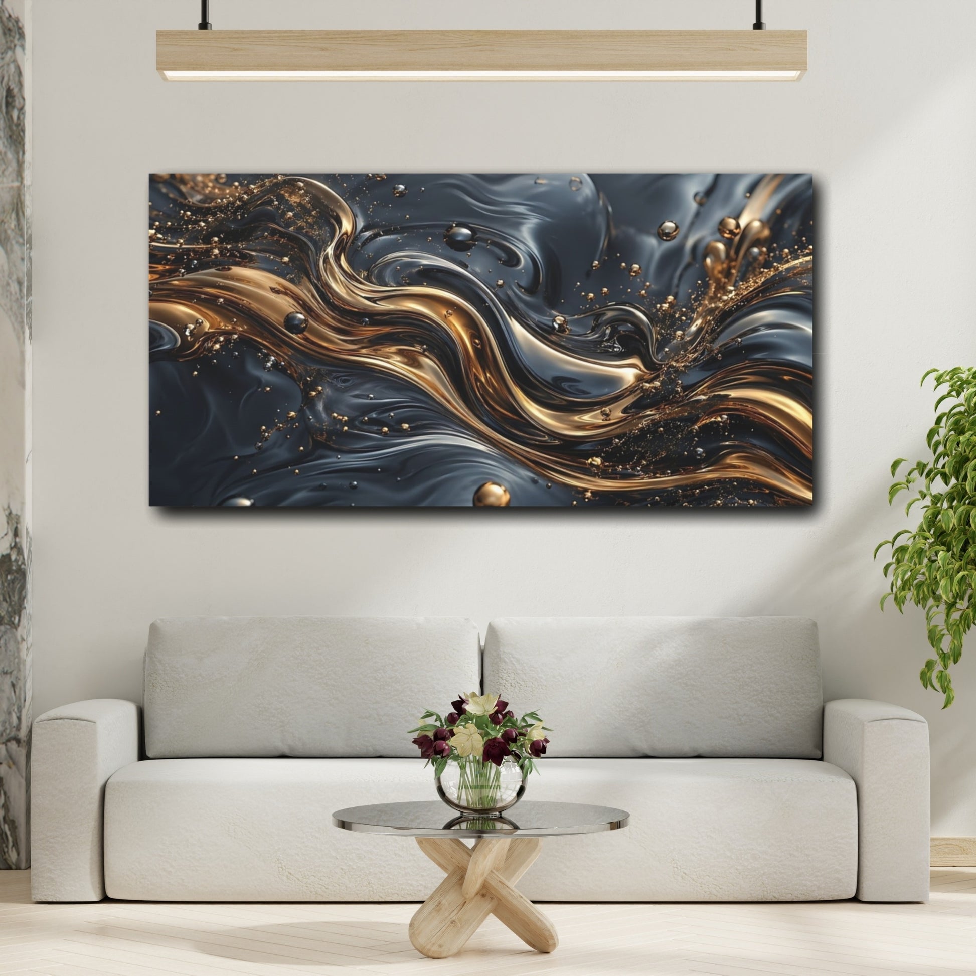 Mockup 3. Abstract Liquid Gold Black And Gold shown as stretched canvas wall art