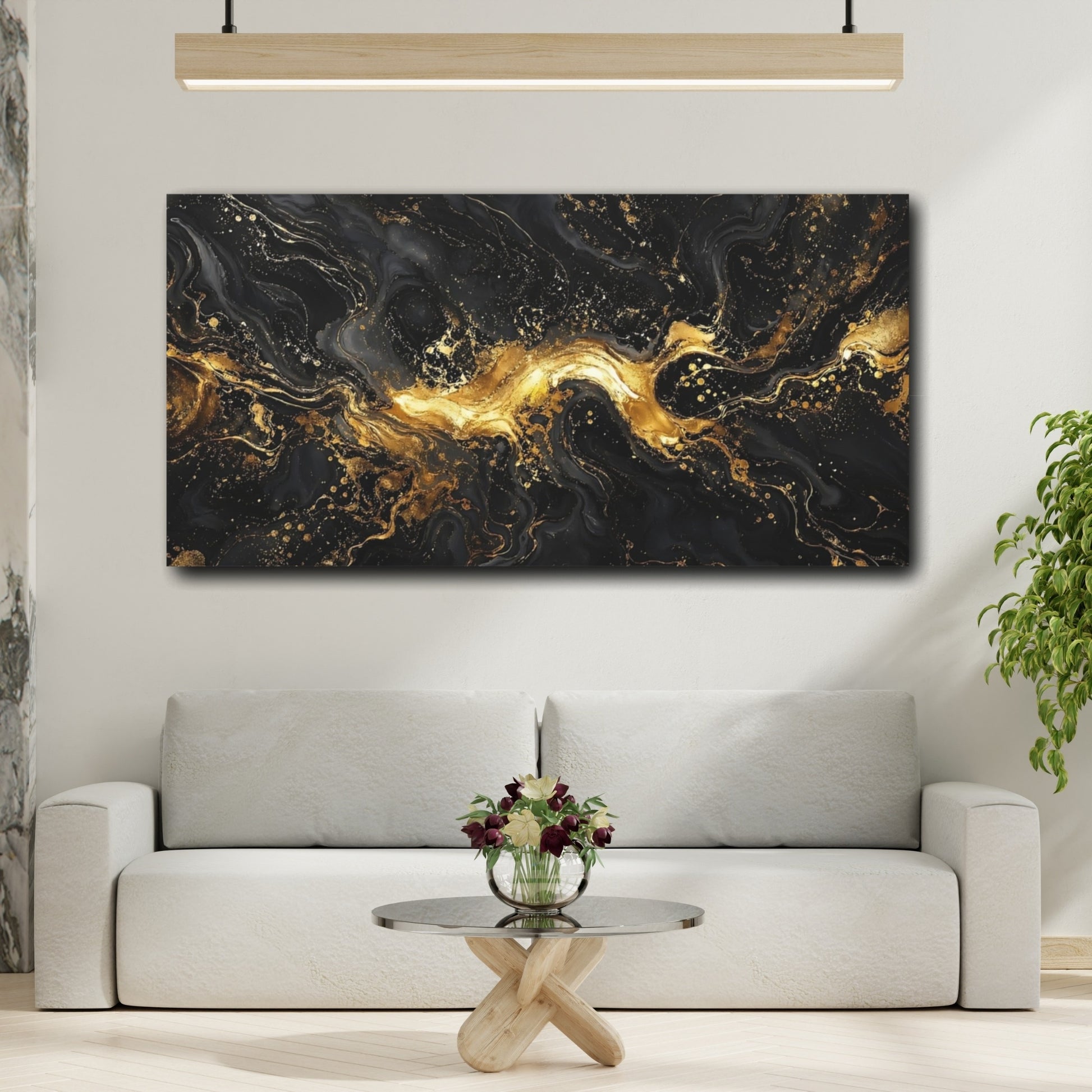 Mockup 3. Abstract Liquid Gold Black And Gold shown as stretched canvas wall art