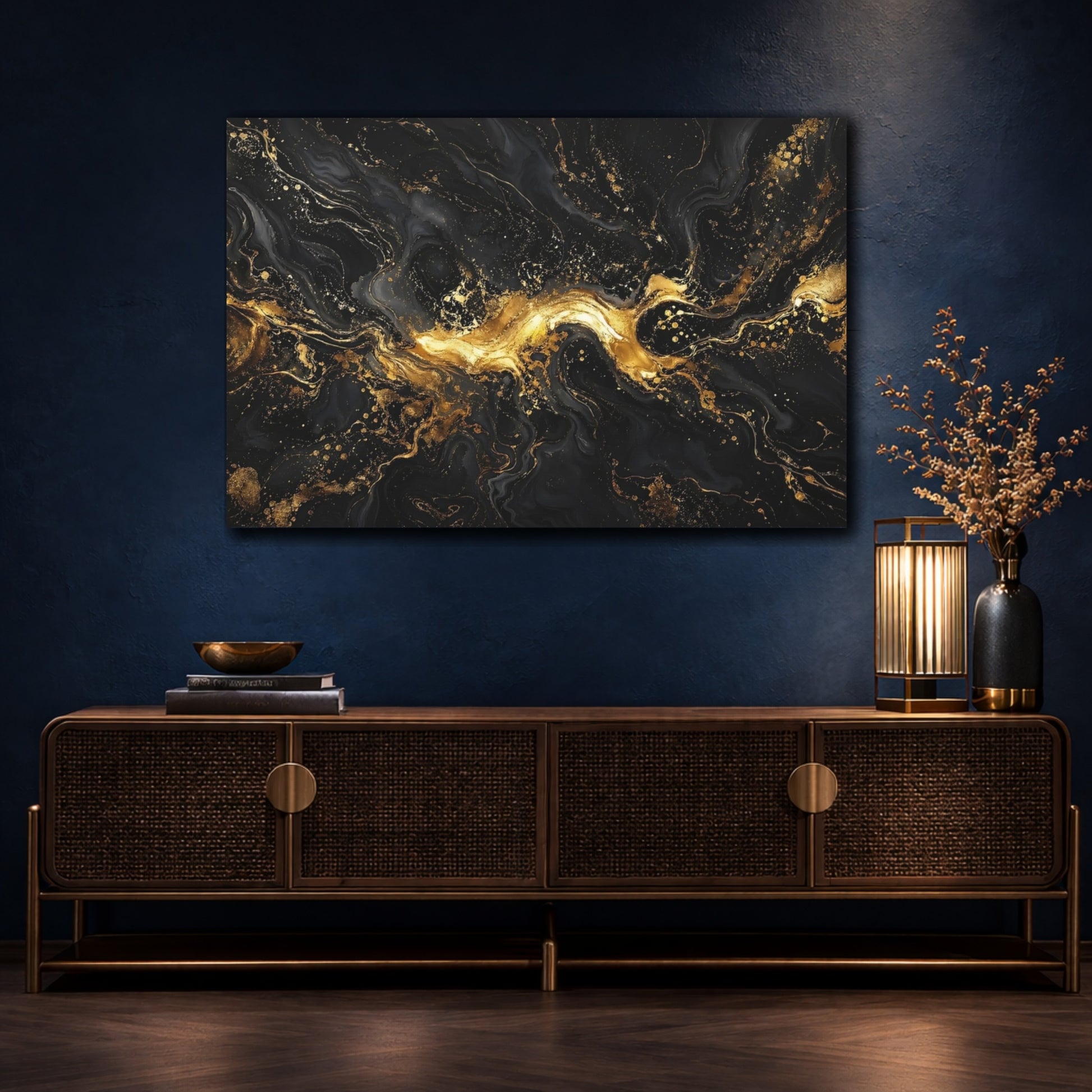 Mockup 4. Abstract Liquid Gold Black And Gold shown as stretched canvas wall art