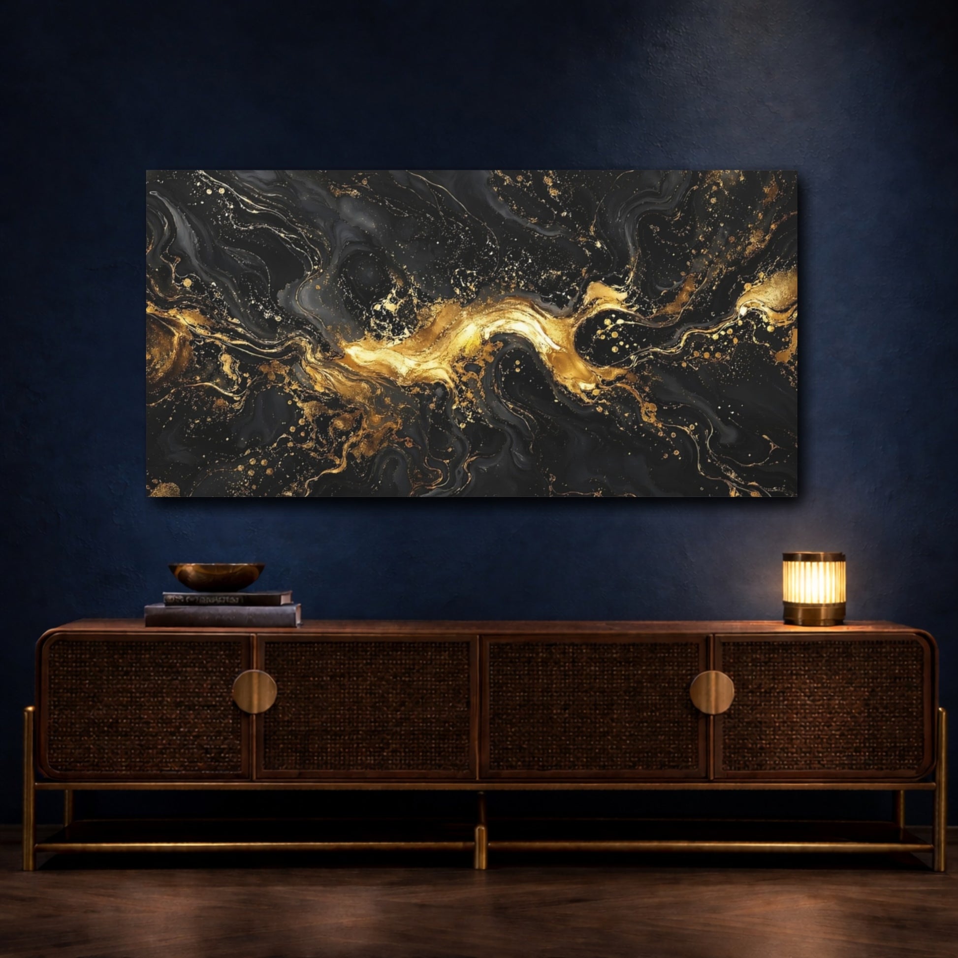 Mockup 4. Abstract Liquid Gold Black And Gold shown as stretched canvas wall art
