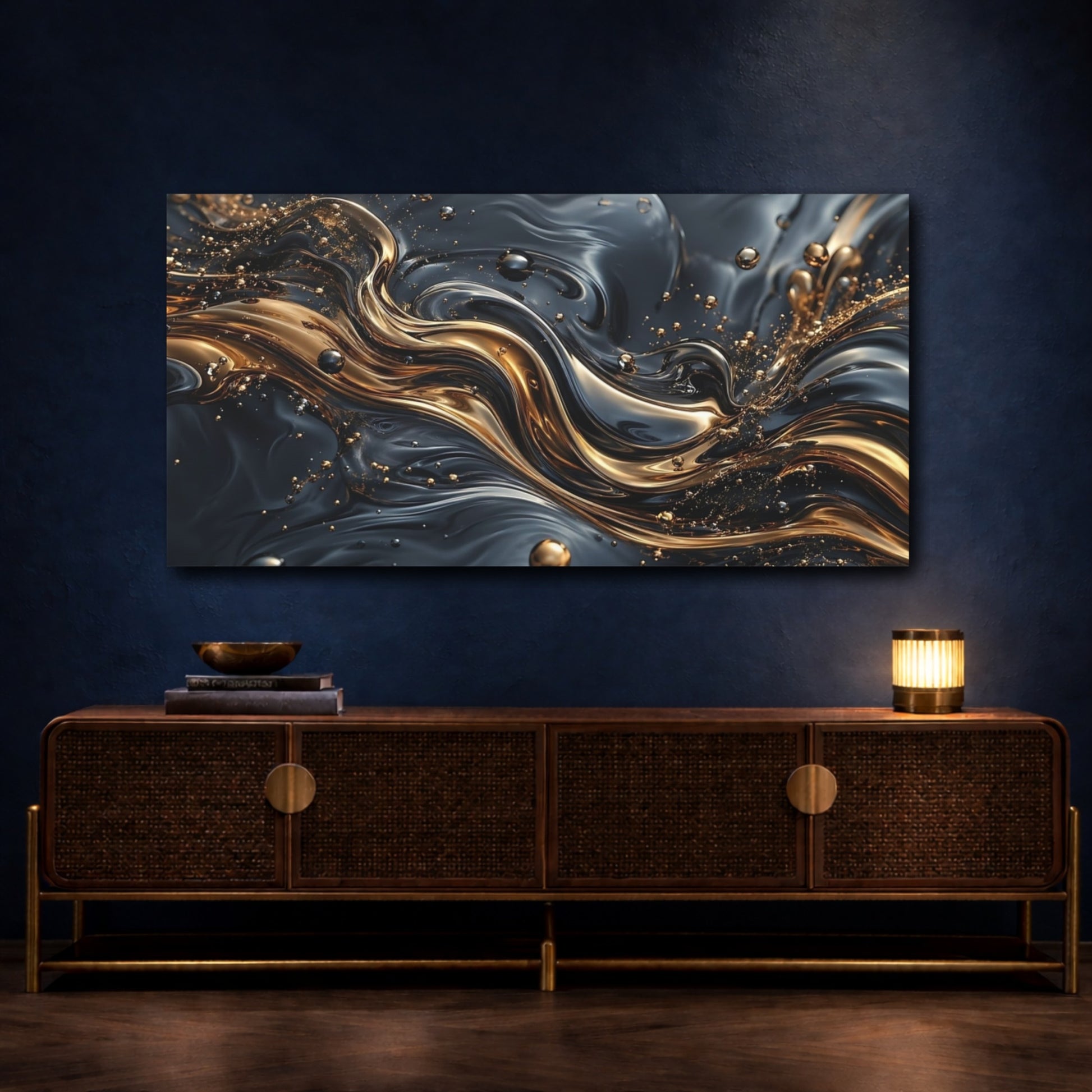 Mockup 4. Abstract Liquid Gold Black And Gold shown as stretched canvas wall art