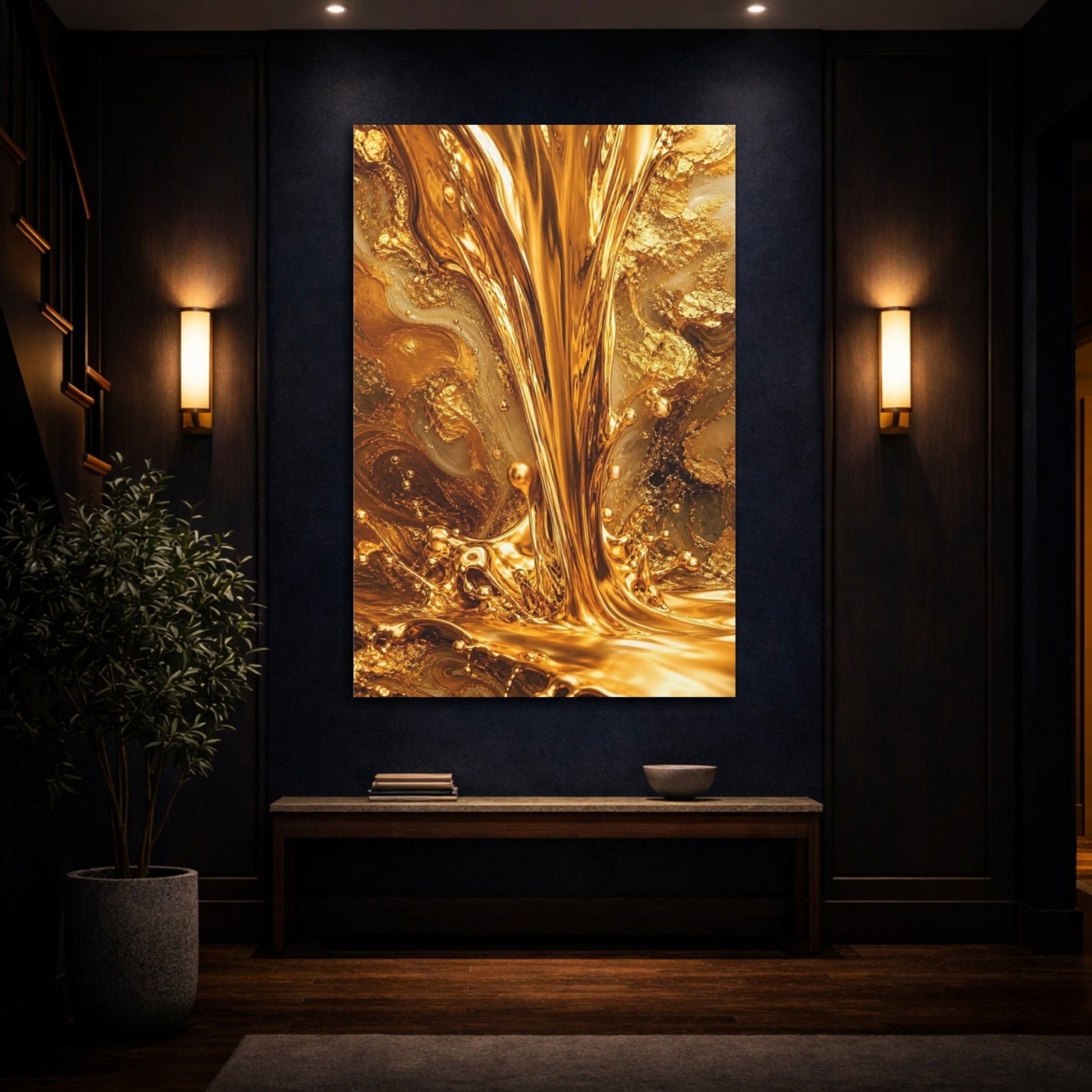 Abstract Liquid Gold Canvas Wall Art Print – Living Room, Above Console Table - YesArtYes