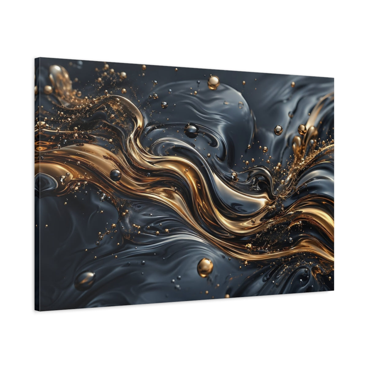 Main Mockup. Abstract Liquid Gold Gold And Black shown as stretched canvas wall art