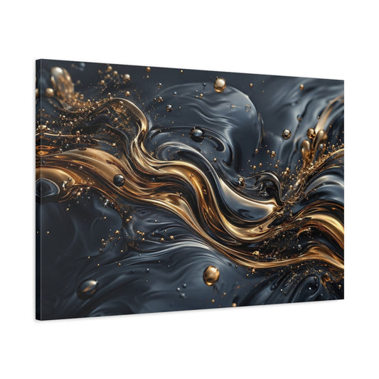 Main Mockup. Abstract Liquid Gold Gold And Black shown as stretched canvas wall art