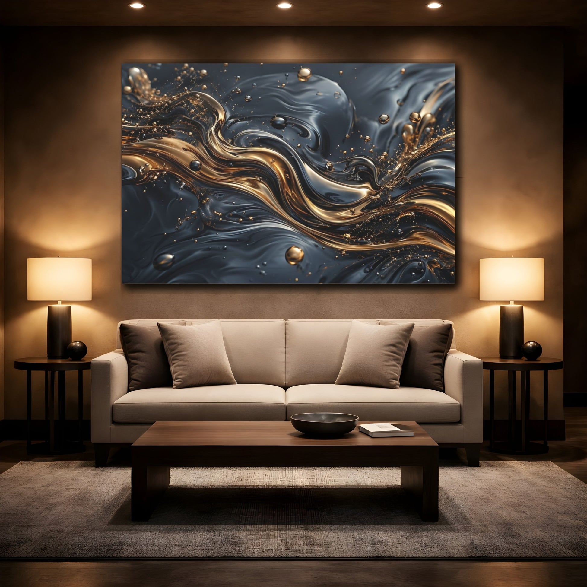 Mockup 2. Abstract Liquid Gold Gold And Black shown as stretched canvas wall art