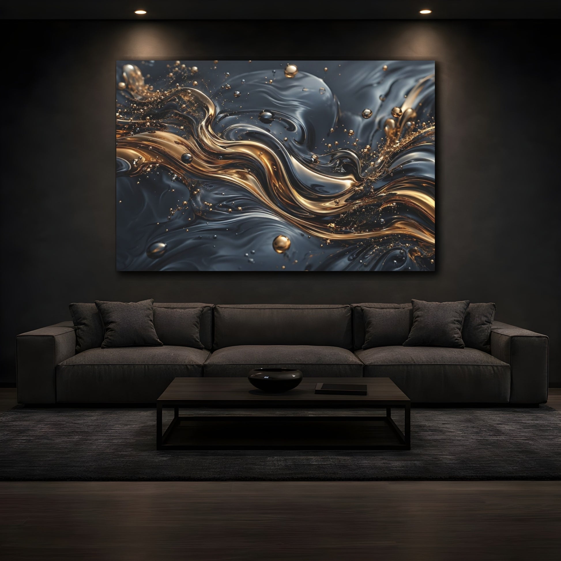 Mockup 3. Abstract Liquid Gold Gold And Black shown as stretched canvas wall art