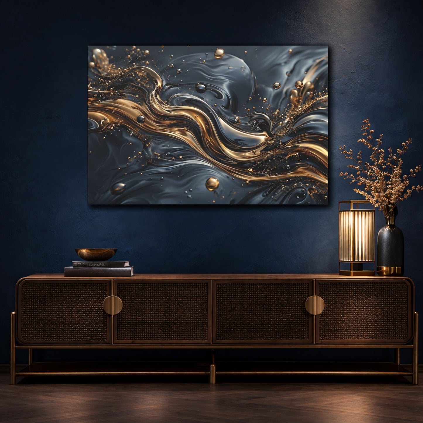 Mockup 4. Abstract Liquid Gold Gold And Black shown as stretched canvas wall art