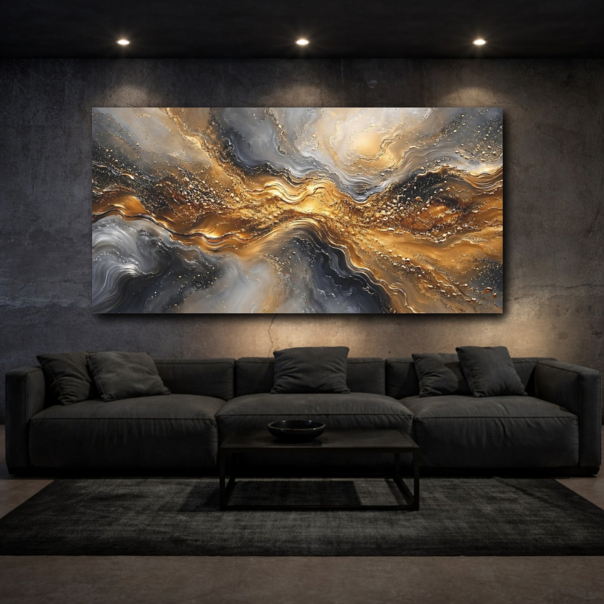 Mockup 2. Abstract Liquid Gold Gold And Gray Abstract shown as stretched canvas wall art
