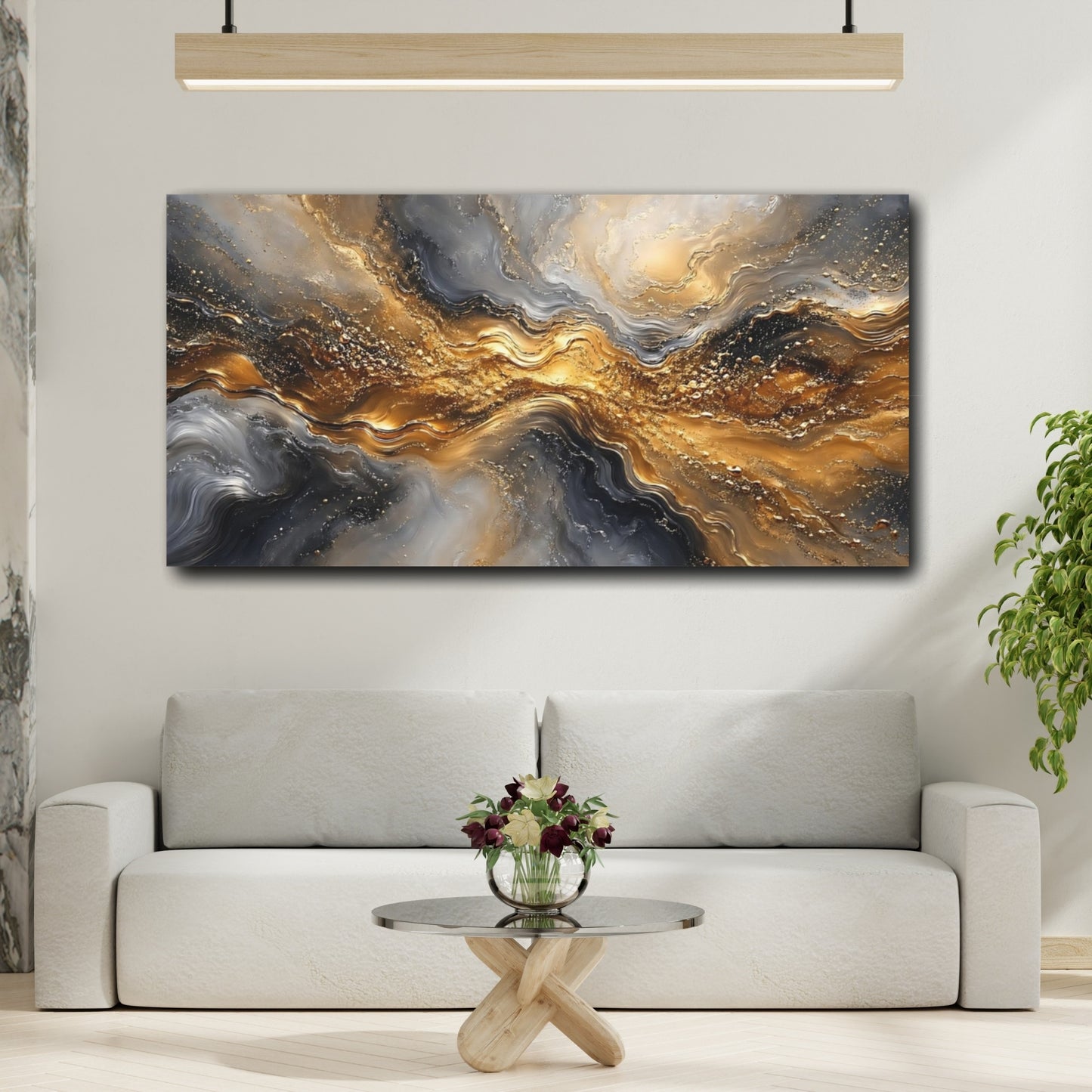 Mockup 3. Abstract Liquid Gold Gold And Gray Abstract shown as stretched canvas wall art