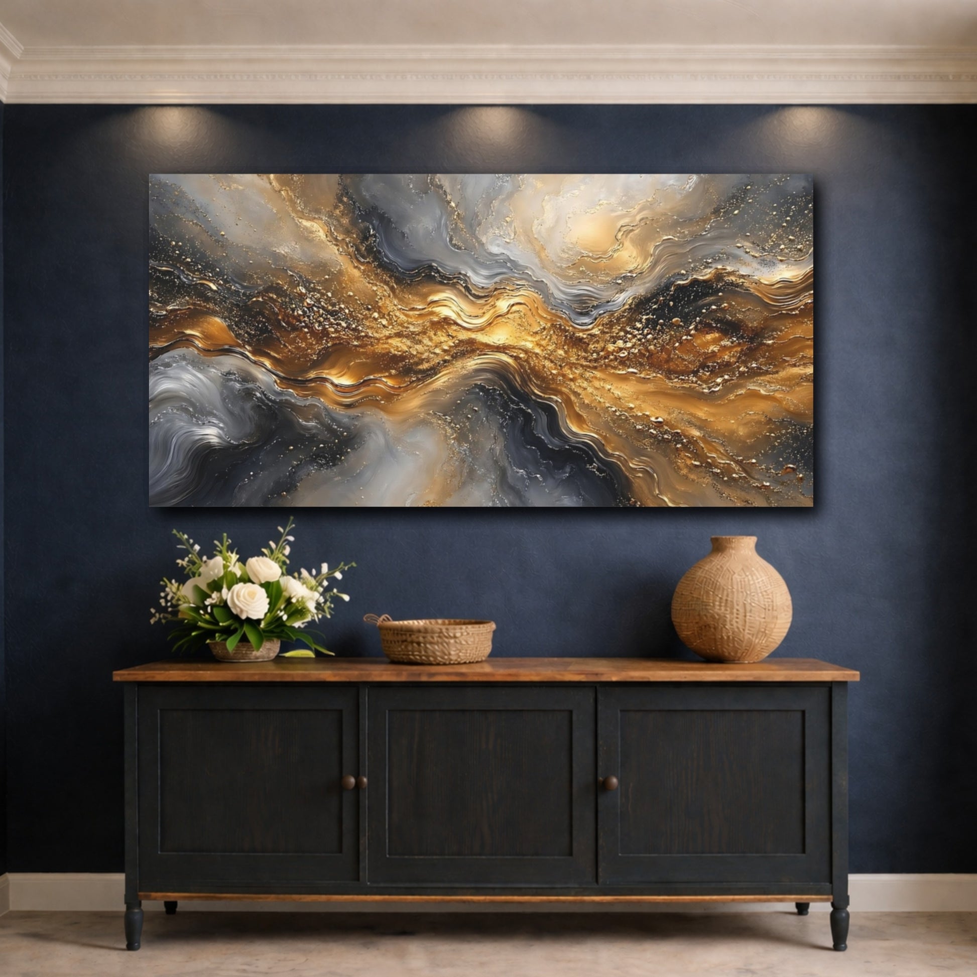Mockup 4. Abstract Liquid Gold Gold And Gray Abstract shown as stretched canvas wall art