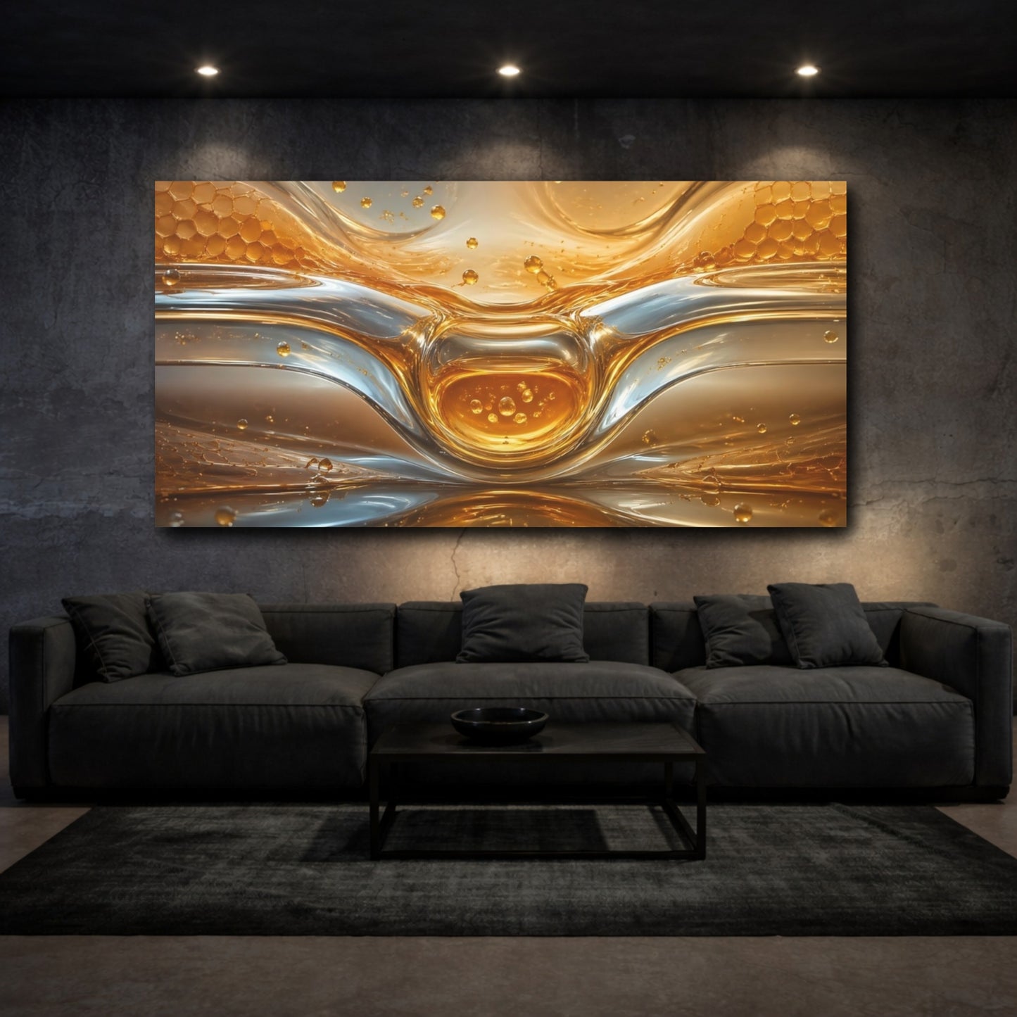 Mockup 2. Abstract Liquid Gold Gold And Silver shown as stretched canvas wall art