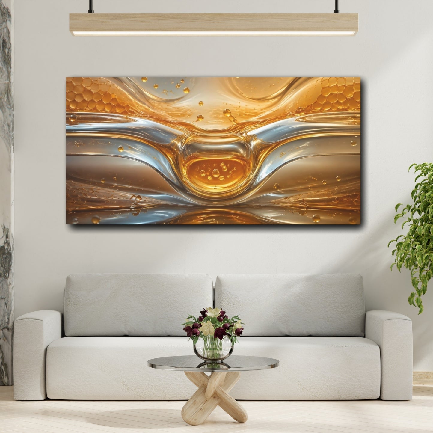 Mockup 3. Abstract Liquid Gold Gold And Silver shown as stretched canvas wall art