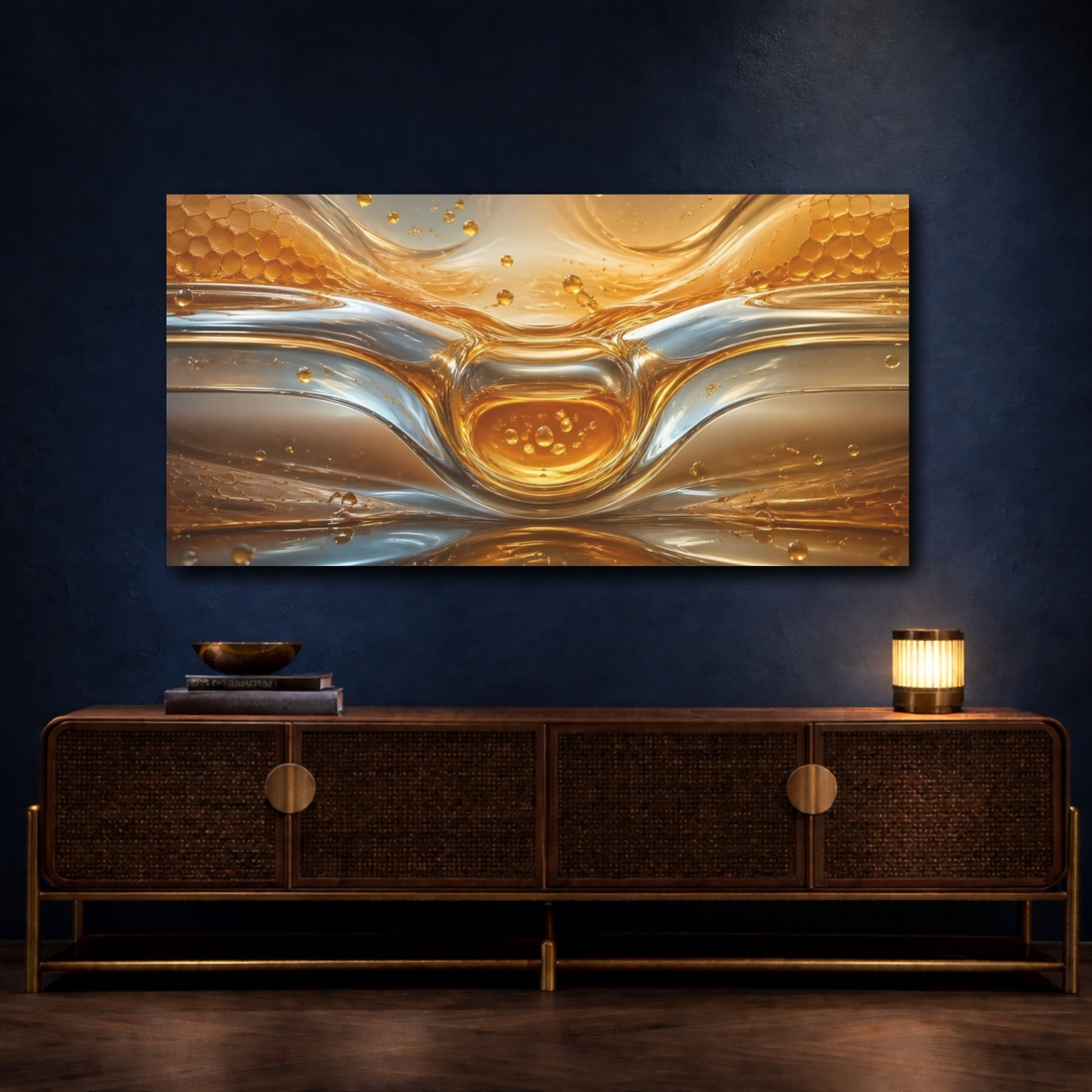 Mockup 4. Abstract Liquid Gold Gold And Silver shown as stretched canvas wall art