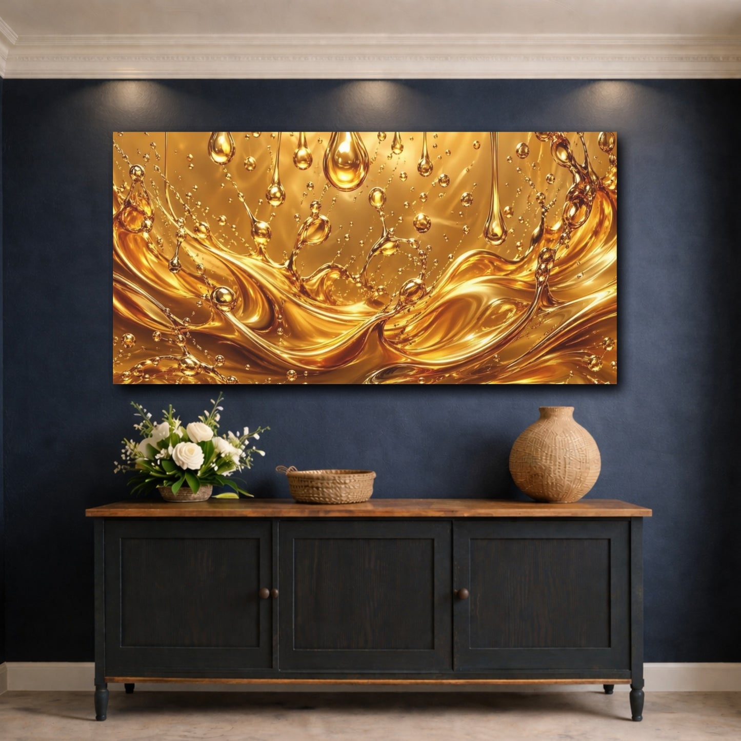 Mockup 4. Abstract Liquid Gold Golden Liquid shown as stretched canvas wall art