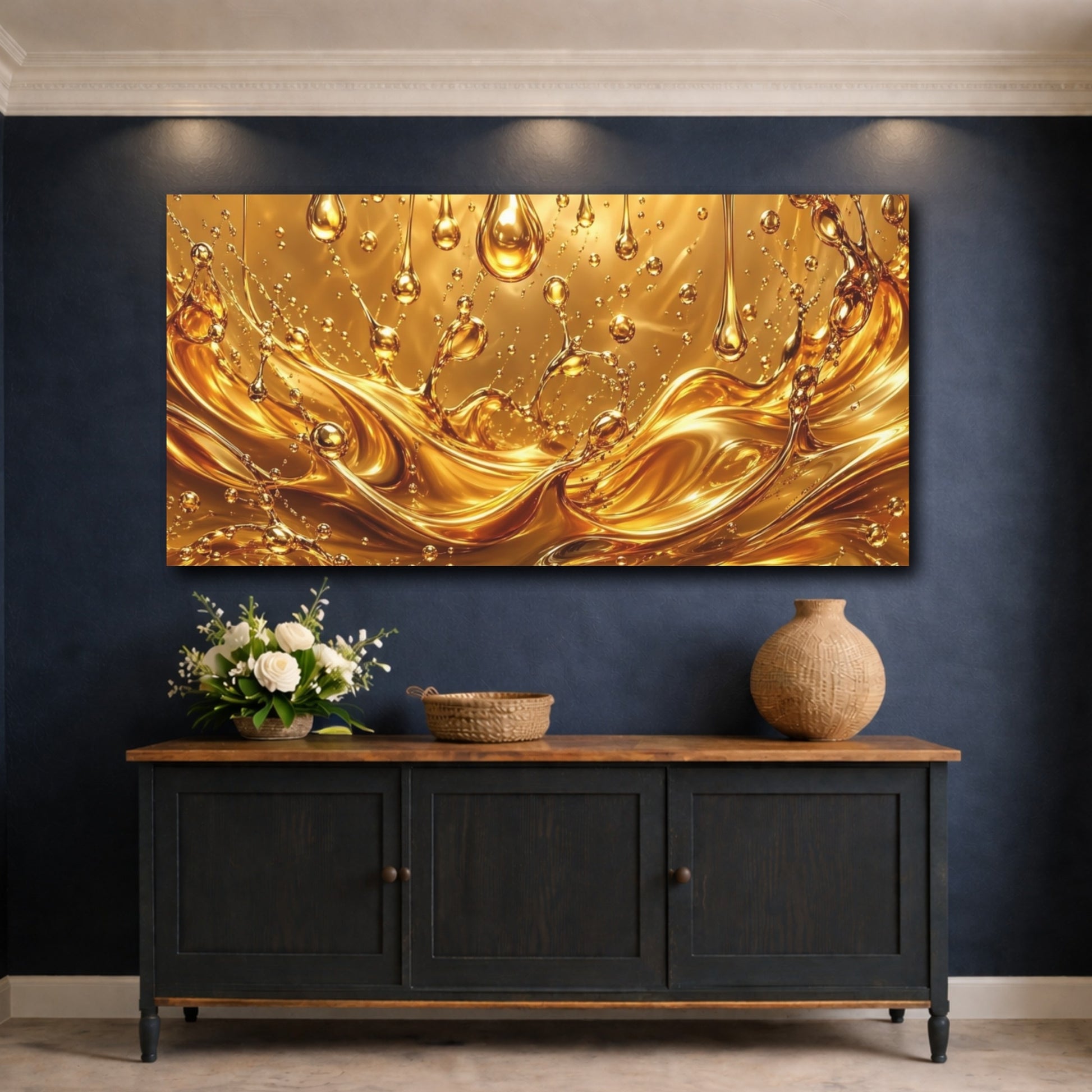 Mockup 4. Abstract Liquid Gold Golden Liquid shown as stretched canvas wall art