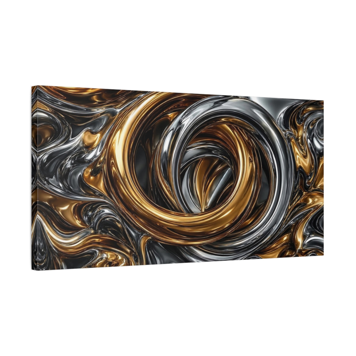 Side Mockup 1. Abstract Liquid Metal Gold And Silver Metallic shown as stretched canvas wall art