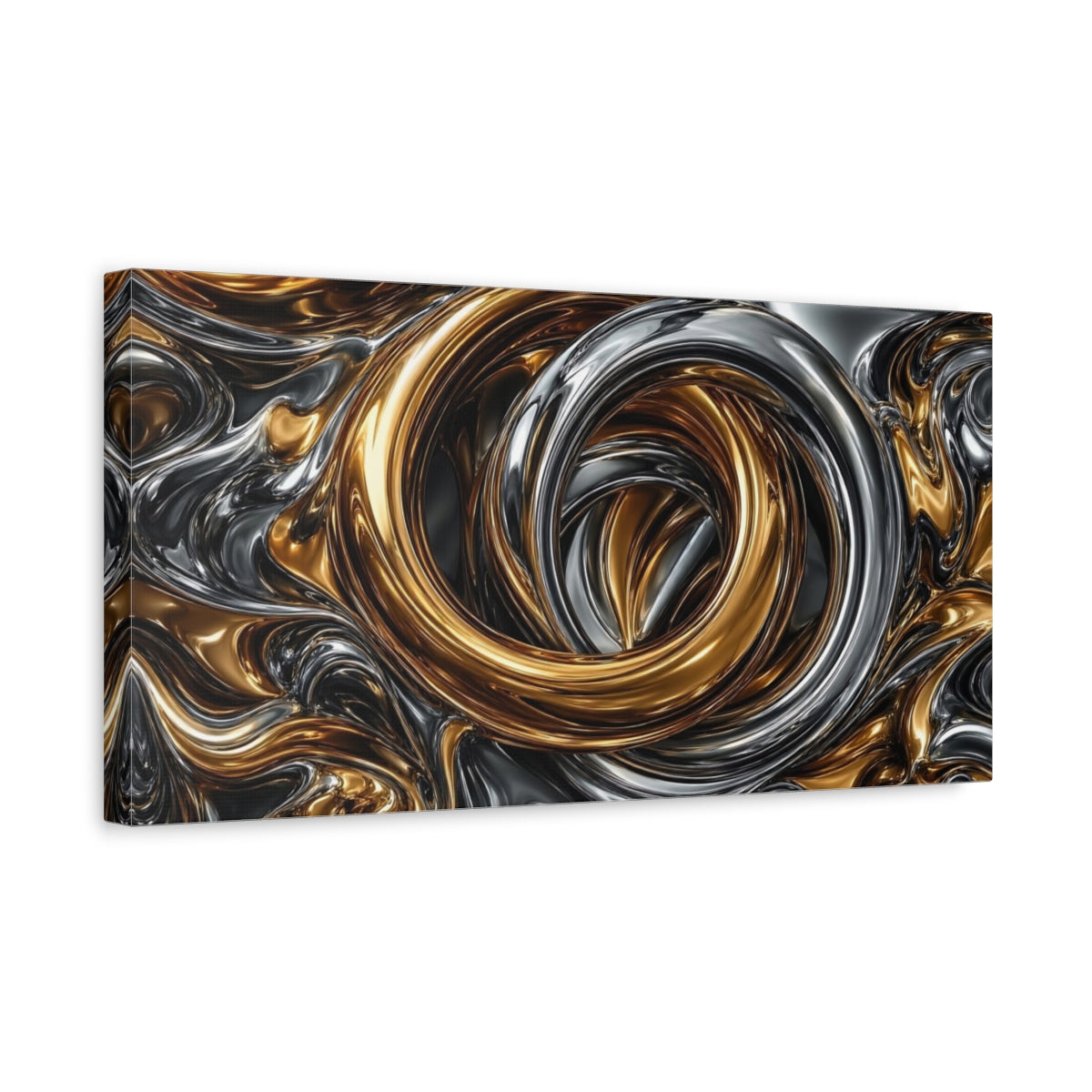 Side Mockup 3. Abstract Liquid Metal Gold And Silver Metallic shown as stretched canvas wall art