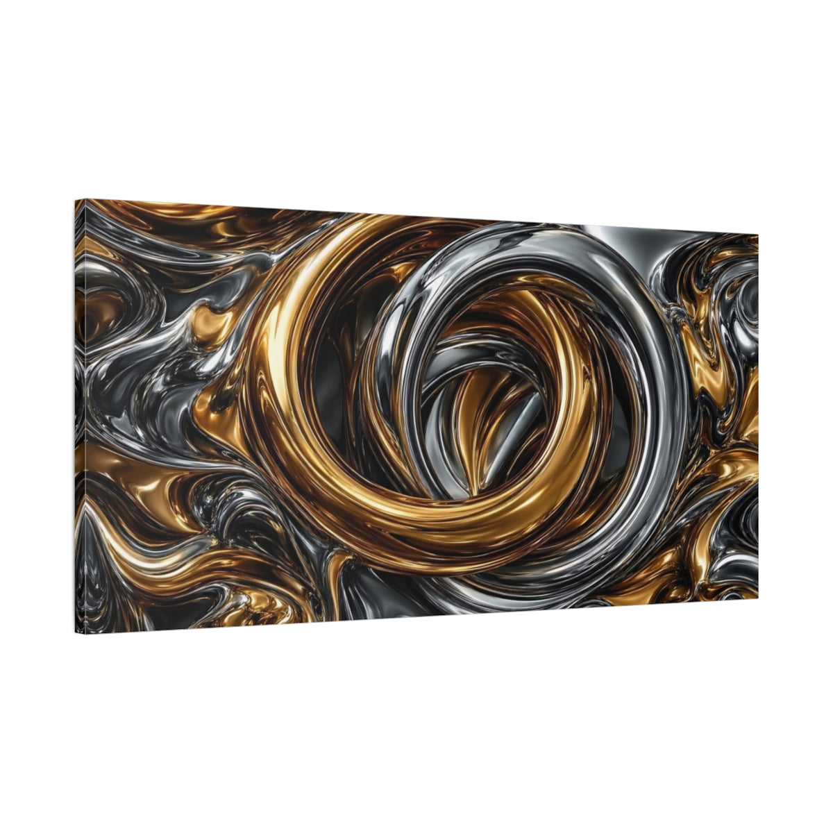 Main Mockup. Abstract Liquid Metal Gold And Silver Metallic shown as stretched canvas wall art