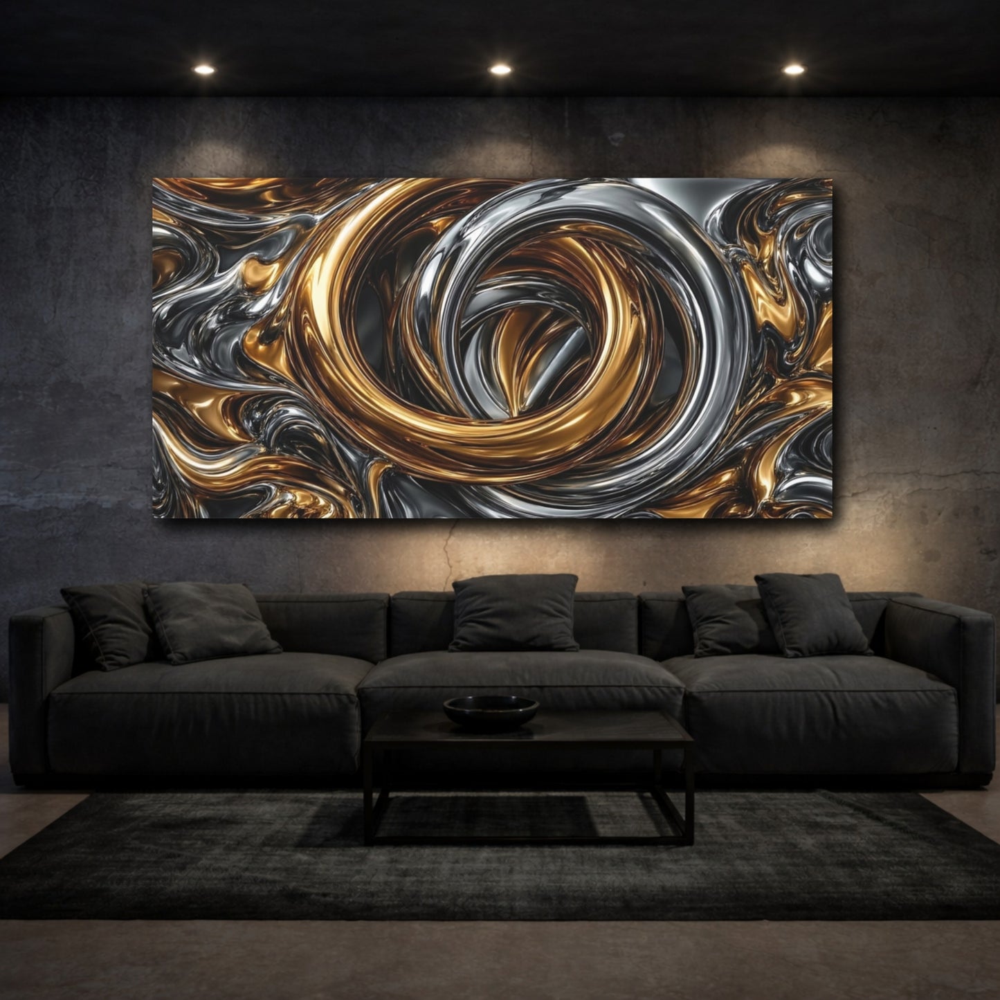 Mockup 2. Abstract Liquid Metal Gold And Silver Metallic shown as stretched canvas wall art
