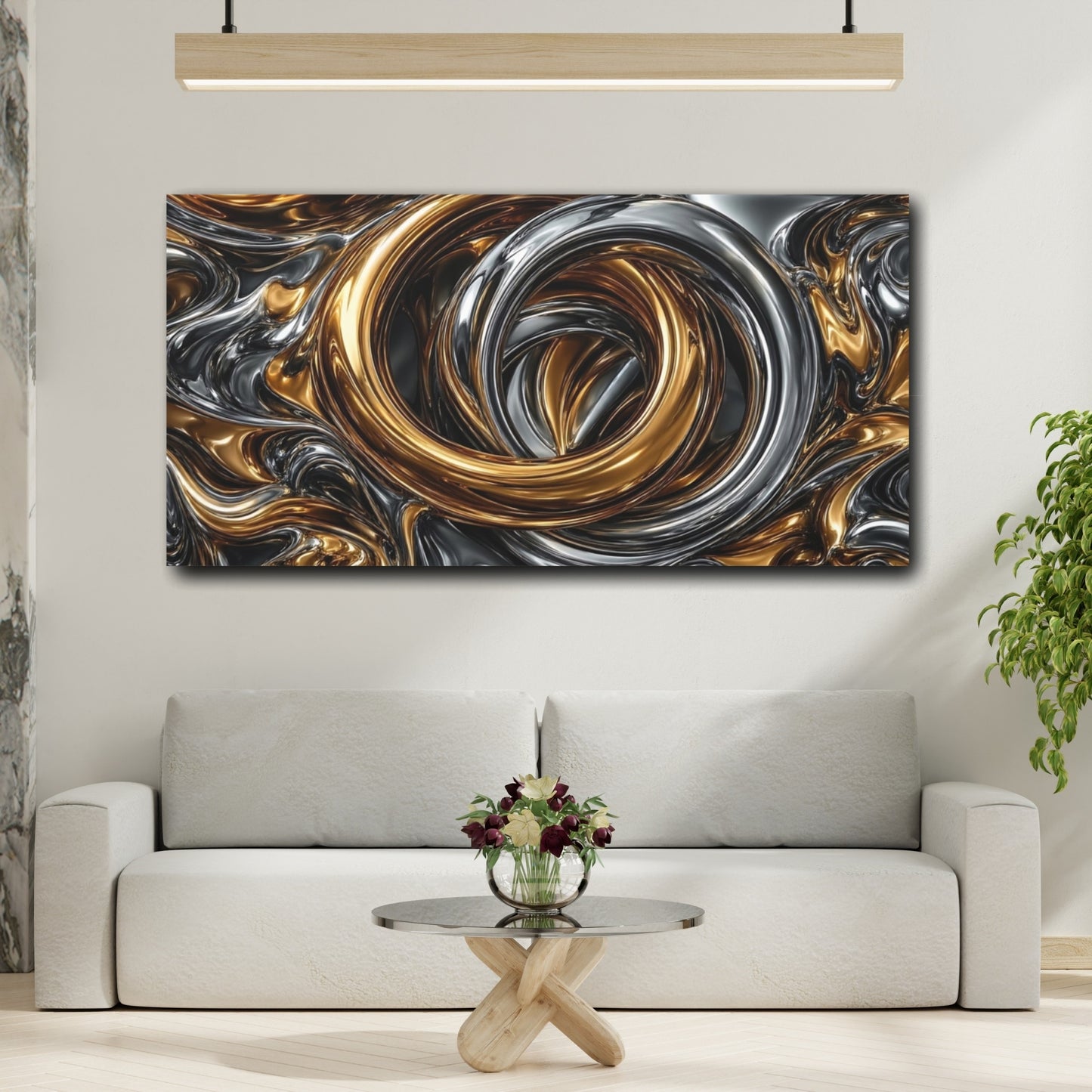 Mockup 3. Abstract Liquid Metal Gold And Silver Metallic shown as stretched canvas wall art