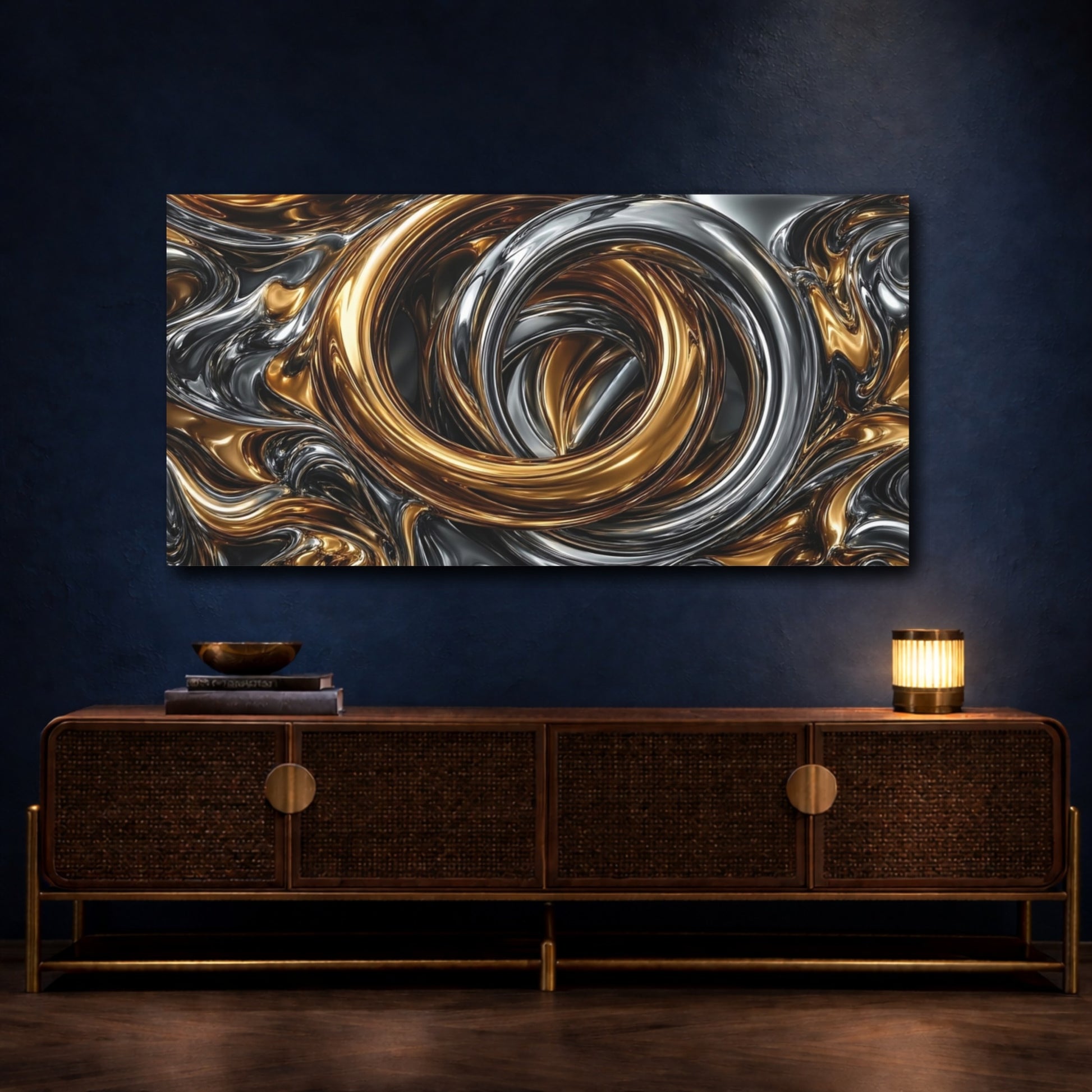 Mockup 4. Abstract Liquid Metal Gold And Silver Metallic shown as stretched canvas wall art