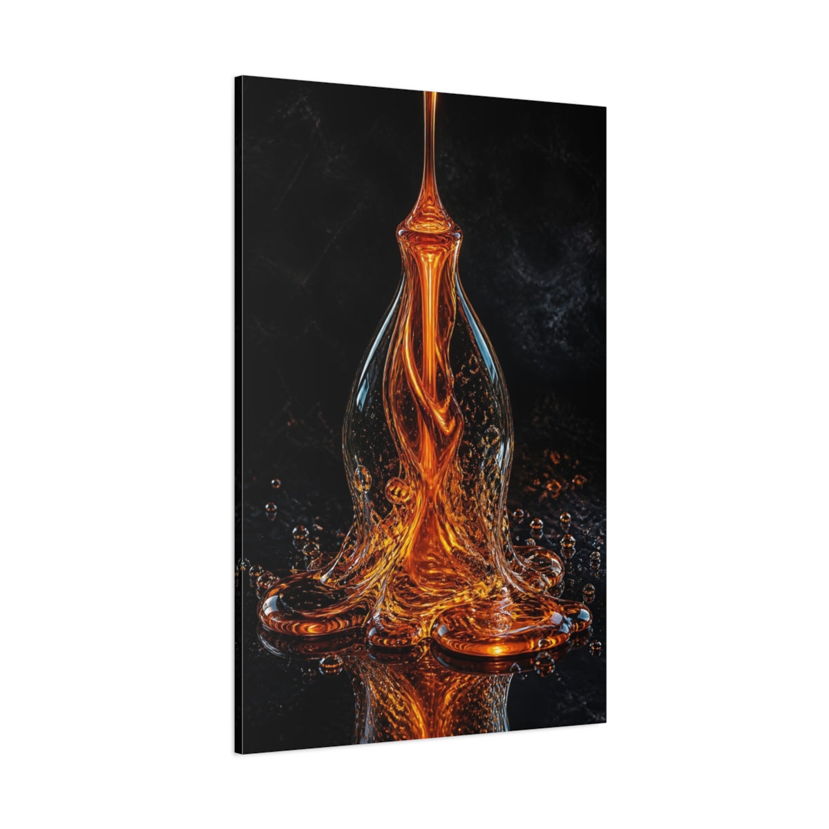 Side Mockup 1. Abstract Liquid Sculpture Orange And Black shown as stretched canvas wall art