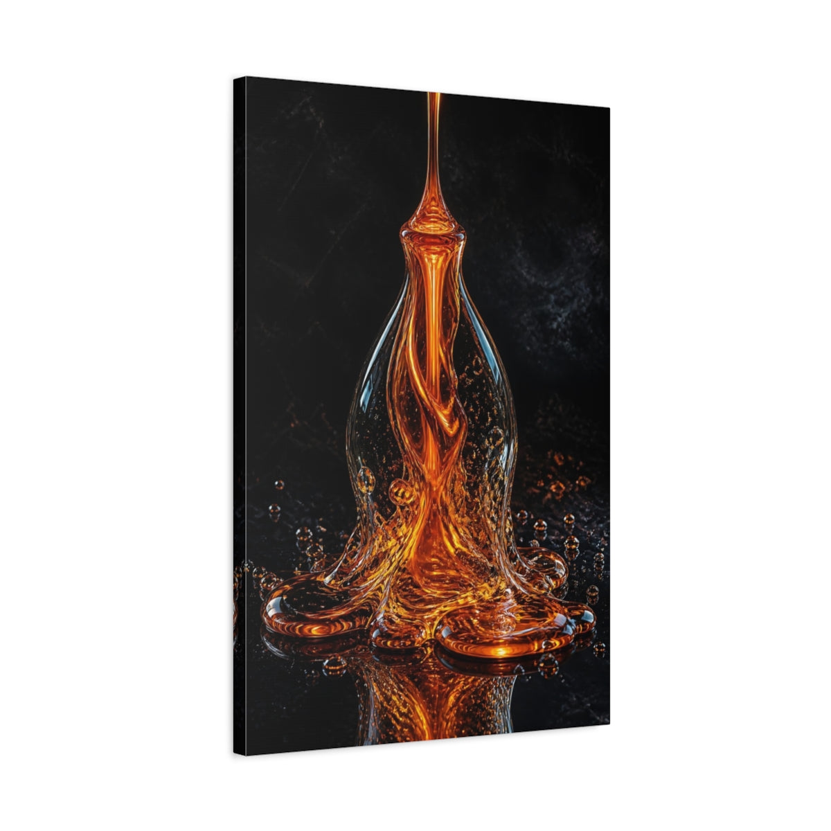 Side Mockup 2. Abstract Liquid Sculpture Orange And Black shown as stretched canvas wall art