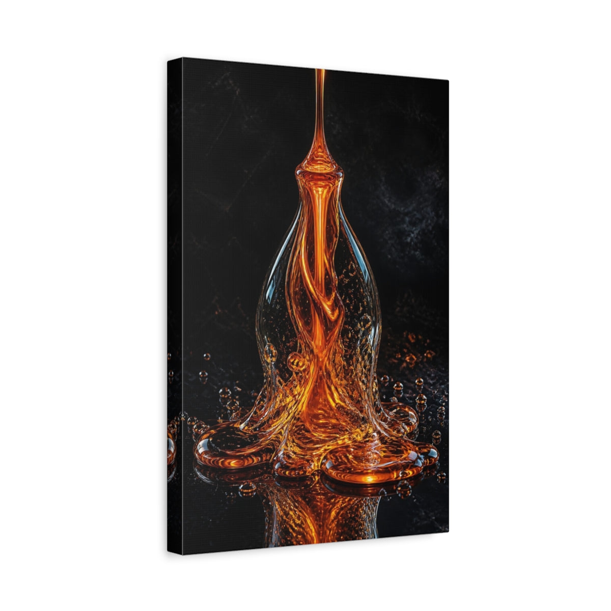 Side Mockup 4. Abstract Liquid Sculpture Orange And Black shown as stretched canvas wall art