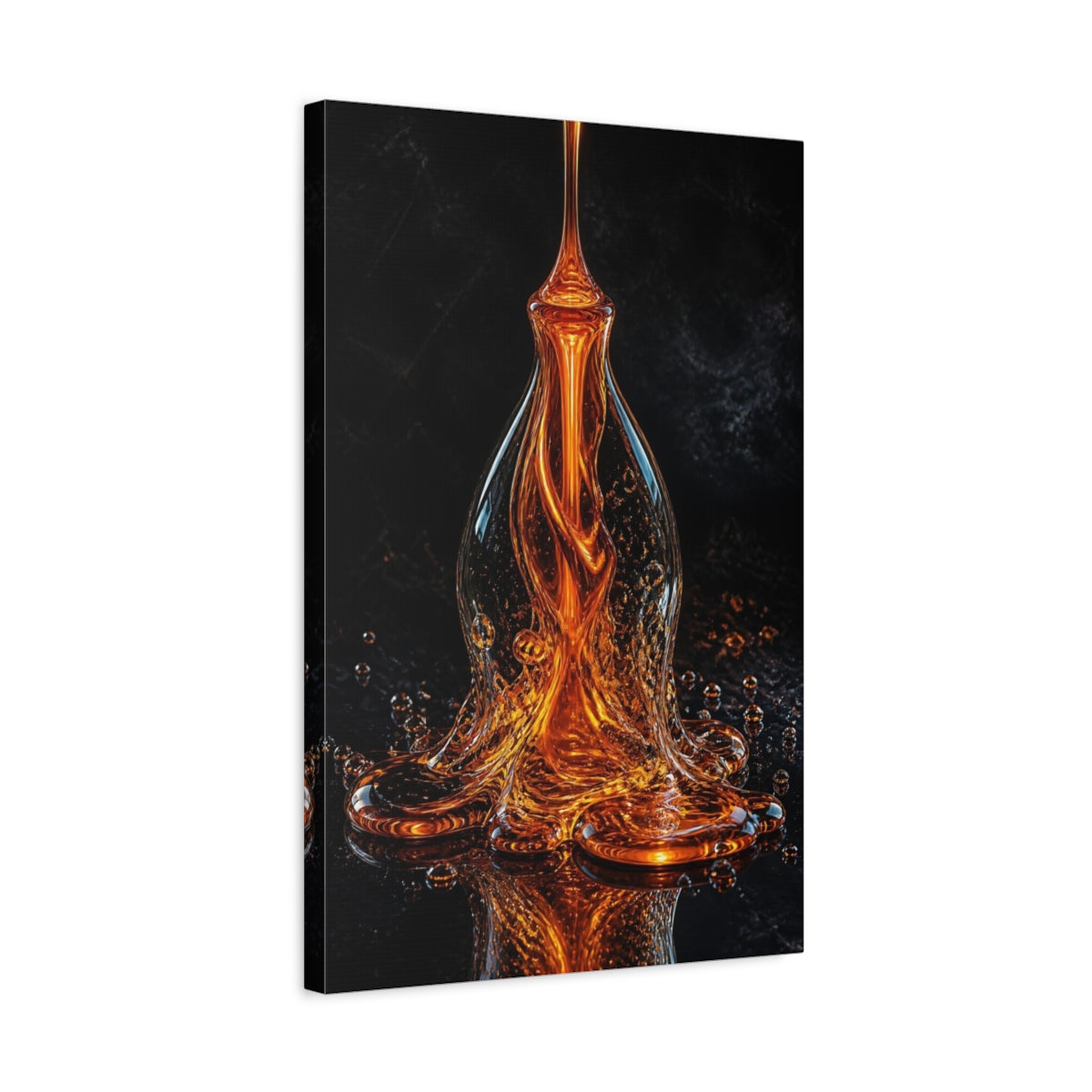 Side Mockup 3. Abstract Liquid Sculpture Orange And Black shown as stretched canvas wall art