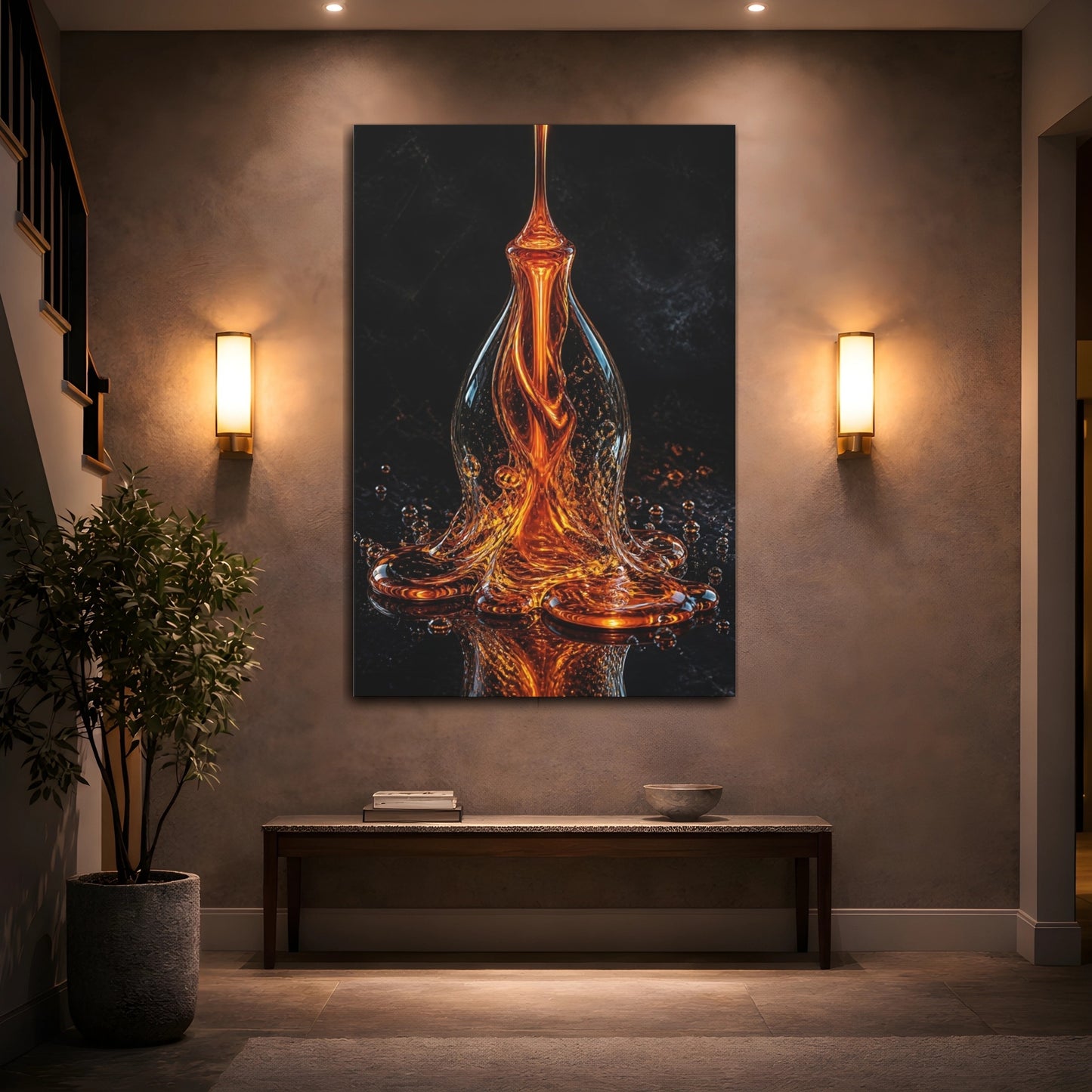 Mockup 2. Abstract Liquid Sculpture Orange And Black shown as stretched canvas wall art