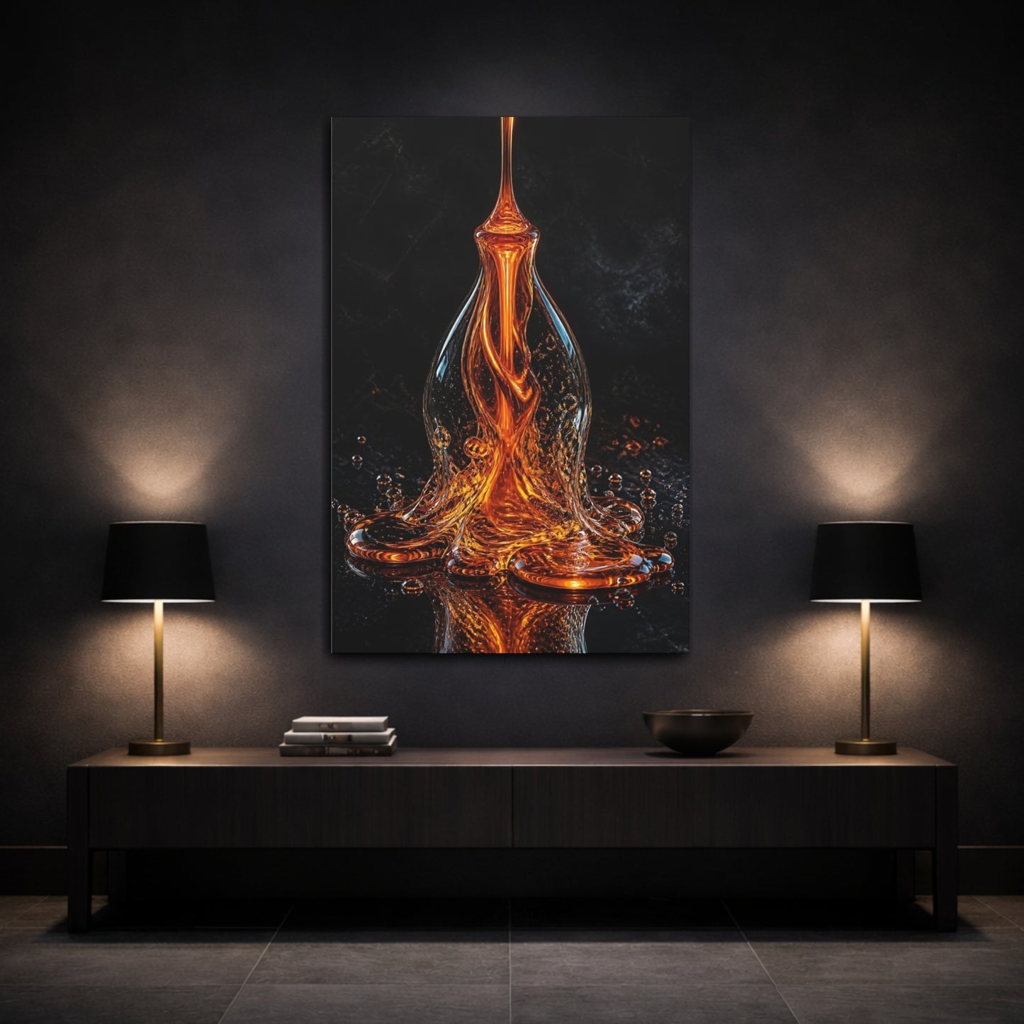 Mockup 3. Abstract Liquid Sculpture Orange And Black shown as stretched canvas wall art