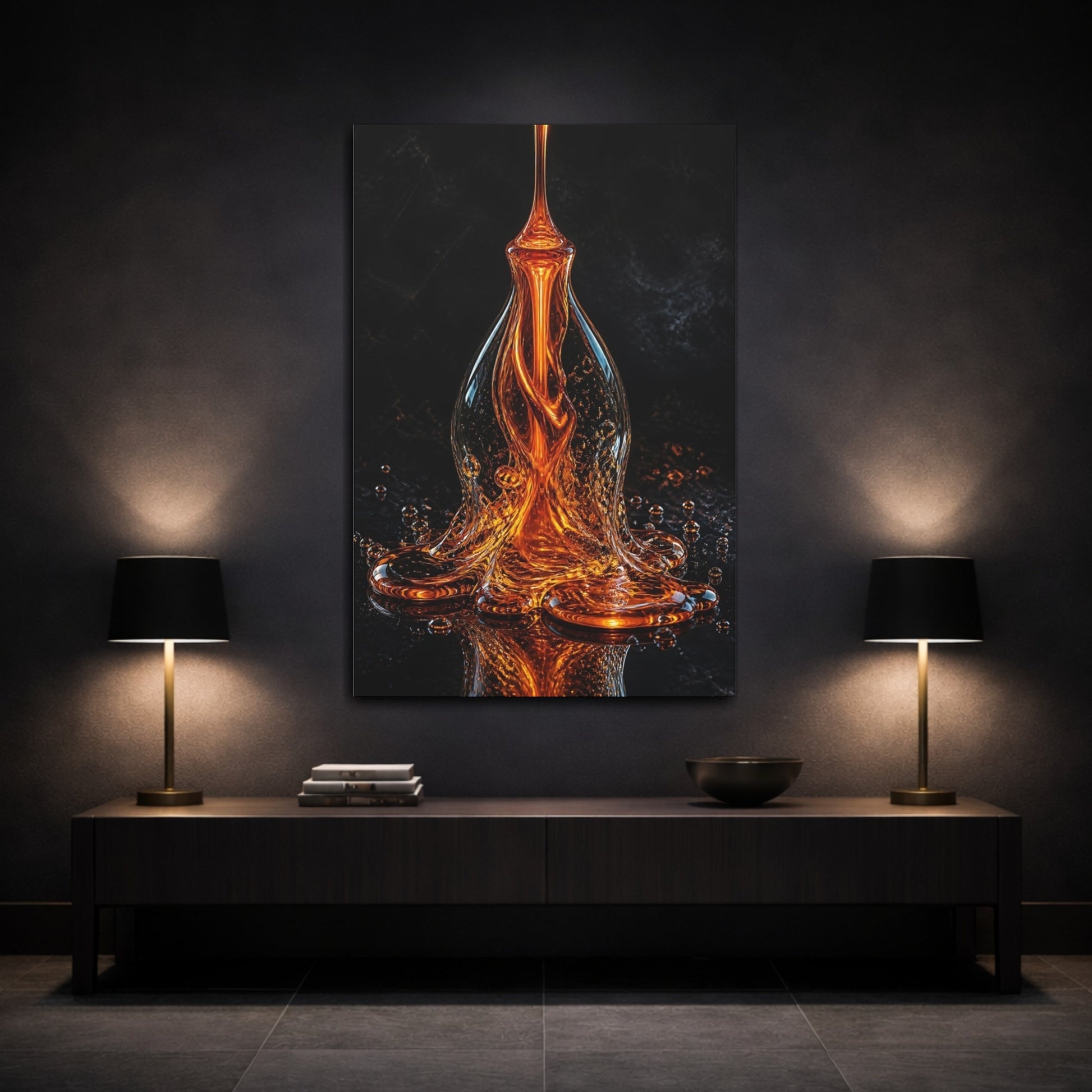 Mockup 3. Abstract Liquid Sculpture Orange And Black shown as stretched canvas wall art