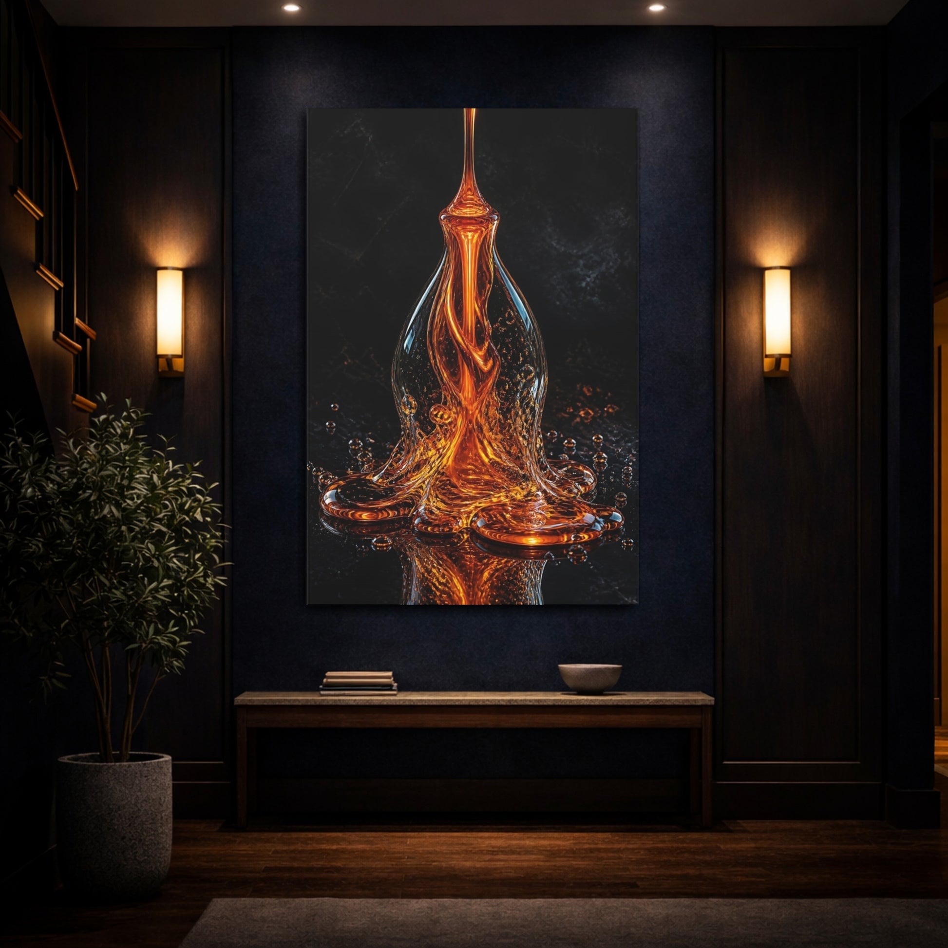 Mockup 4. Abstract Liquid Sculpture Orange And Black shown as stretched canvas wall art