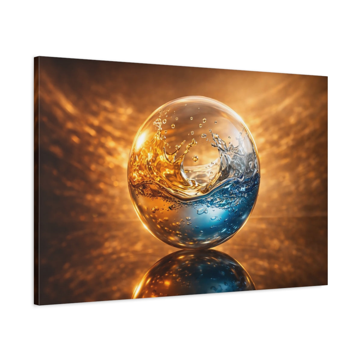 Main Mockup. Abstract Liquid Sphere Blue And Gold shown as stretched canvas wall art