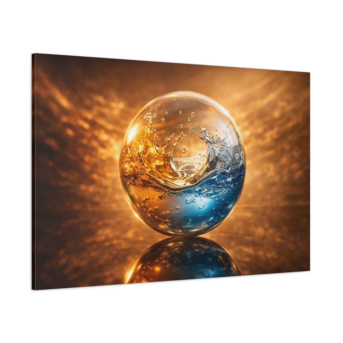 Side Mockup 1. Abstract Liquid Sphere Blue And Gold shown as stretched canvas wall art
