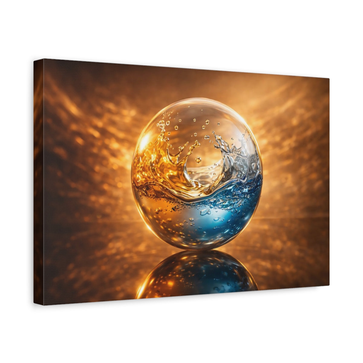 Side Mockup 4. Abstract Liquid Sphere Blue And Gold shown as stretched canvas wall art