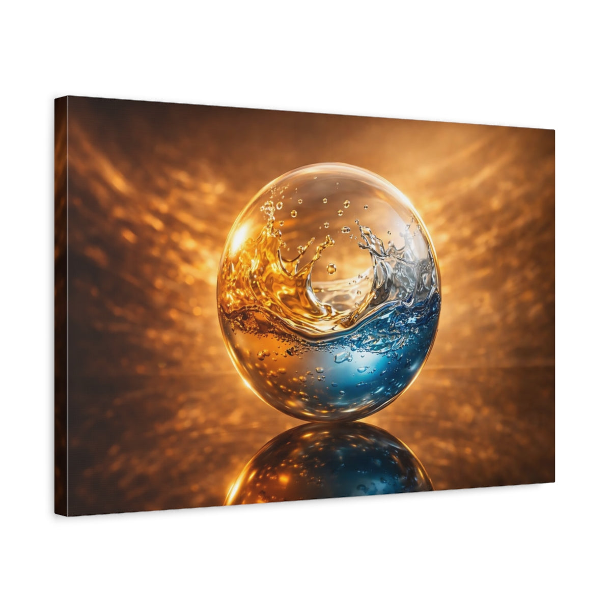Side Mockup 3. Abstract Liquid Sphere Blue And Gold shown as stretched canvas wall art