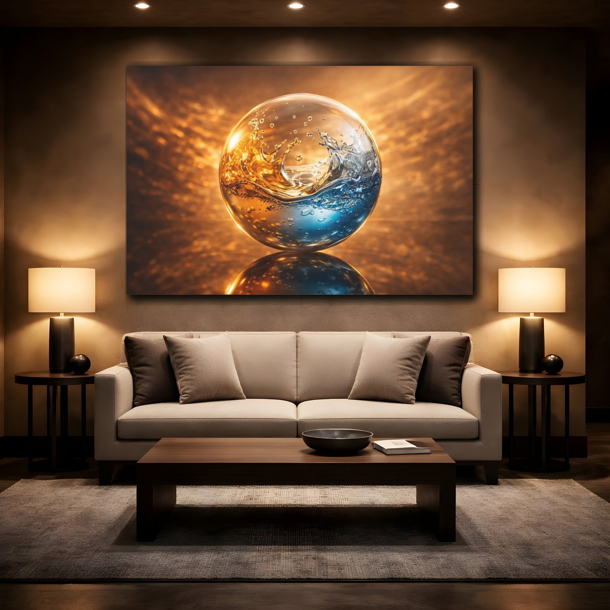 Mockup 2. Abstract Liquid Sphere Blue And Gold shown as stretched canvas wall art