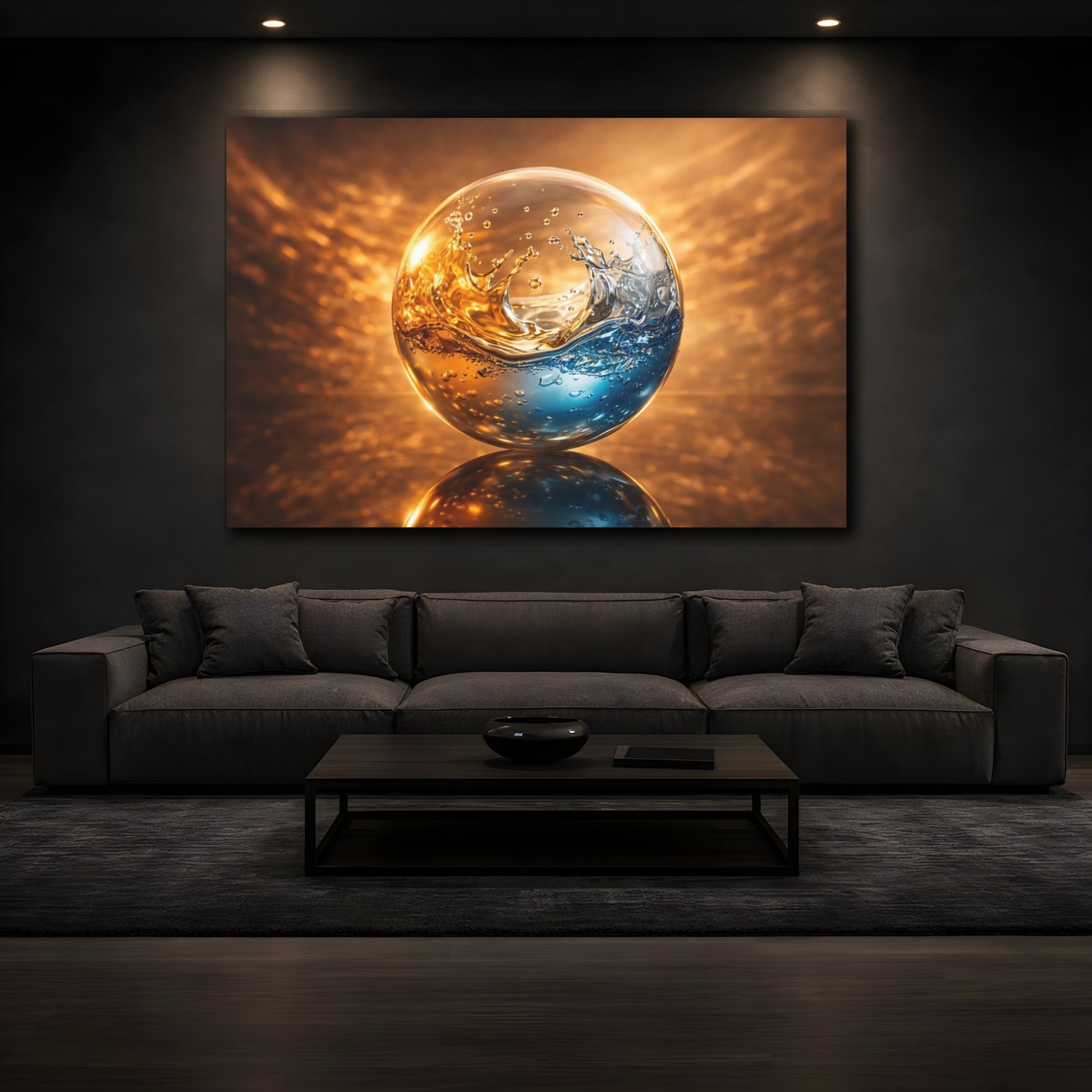 Mockup 3. Abstract Liquid Sphere Blue And Gold shown as stretched canvas wall art